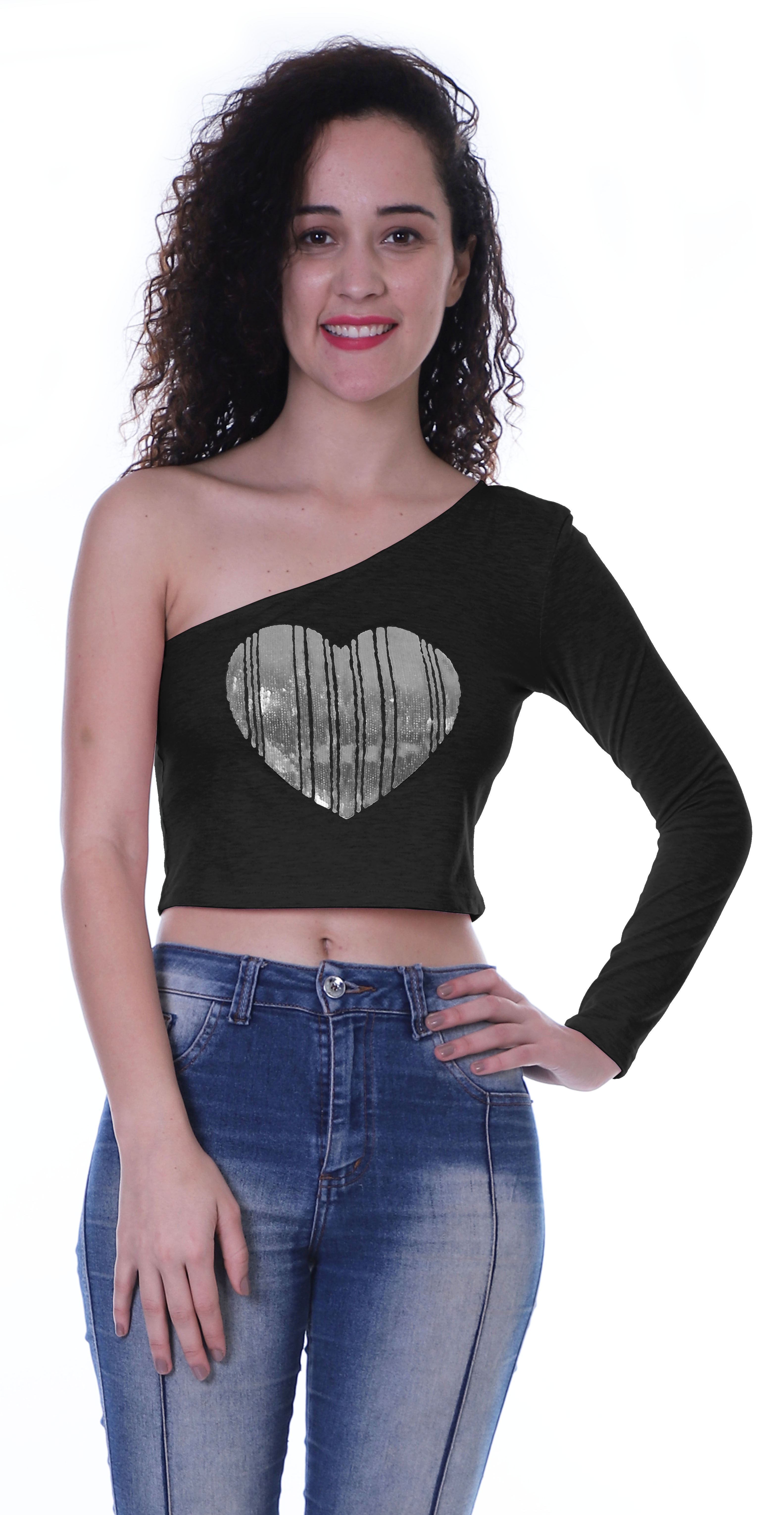 MOOMAYA WOMENS ONE Shoulder Full Sleeve Crop Top w/ Sequin Heart1oW £