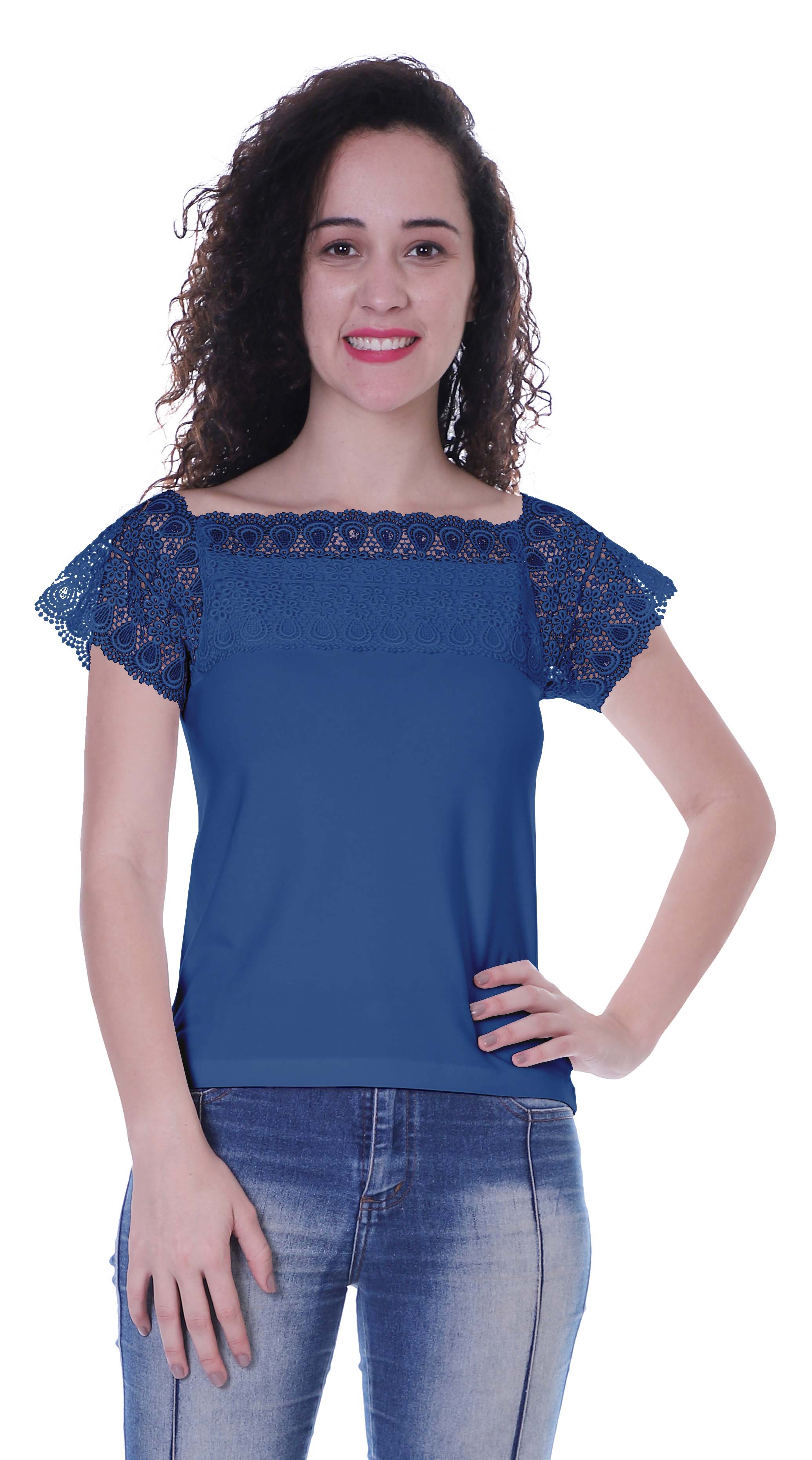 Tshirts & Tops Moomaya Lace Sleeve Tops For Women Plain Boat Neck Tee for sale in India (ID