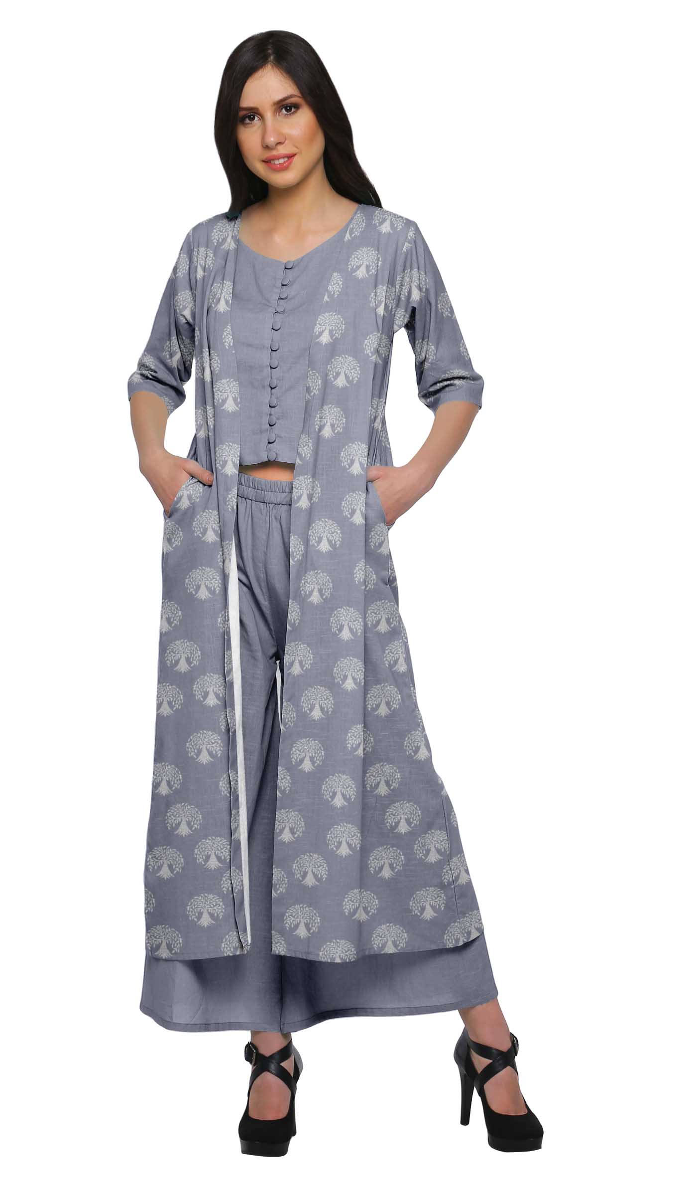 Moomaya Crop Top Palazzo With Shrug Set 