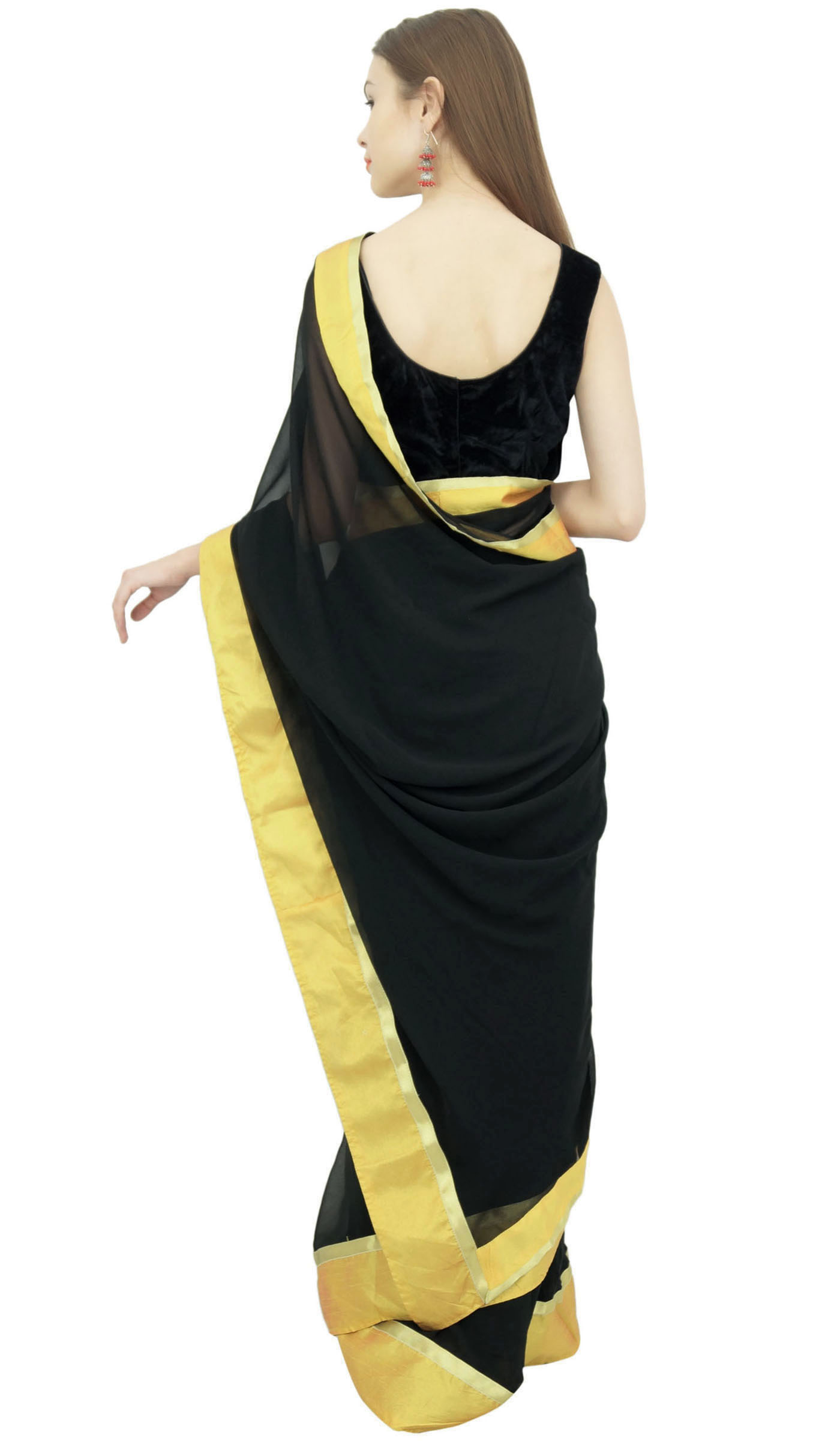 Atasi Solid Black Georgette Saree Indian Womens Casual Sari With Oex
