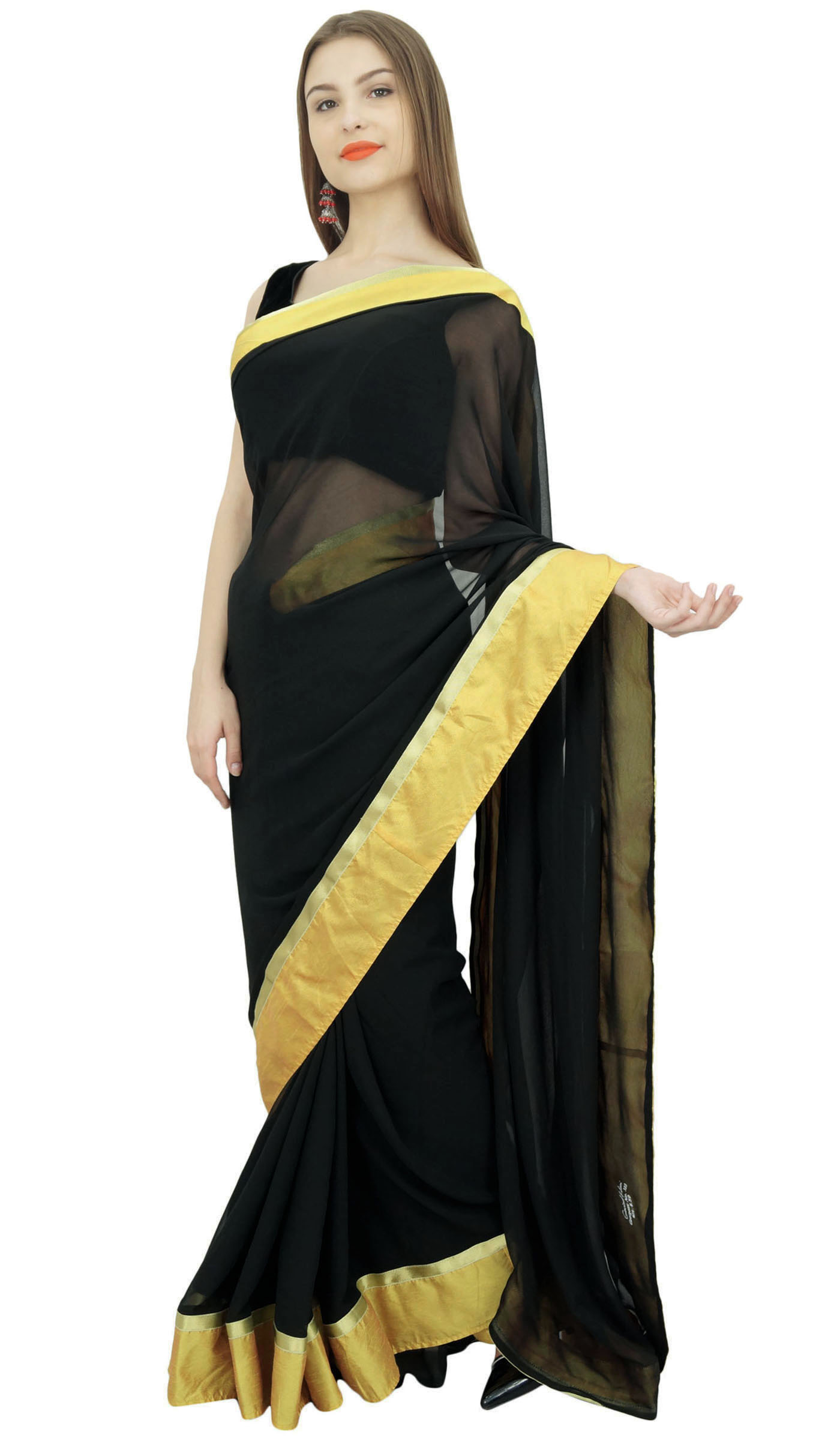 Atasi Solid Black Georgette Saree Indian Womens Casual Sari With Hpb