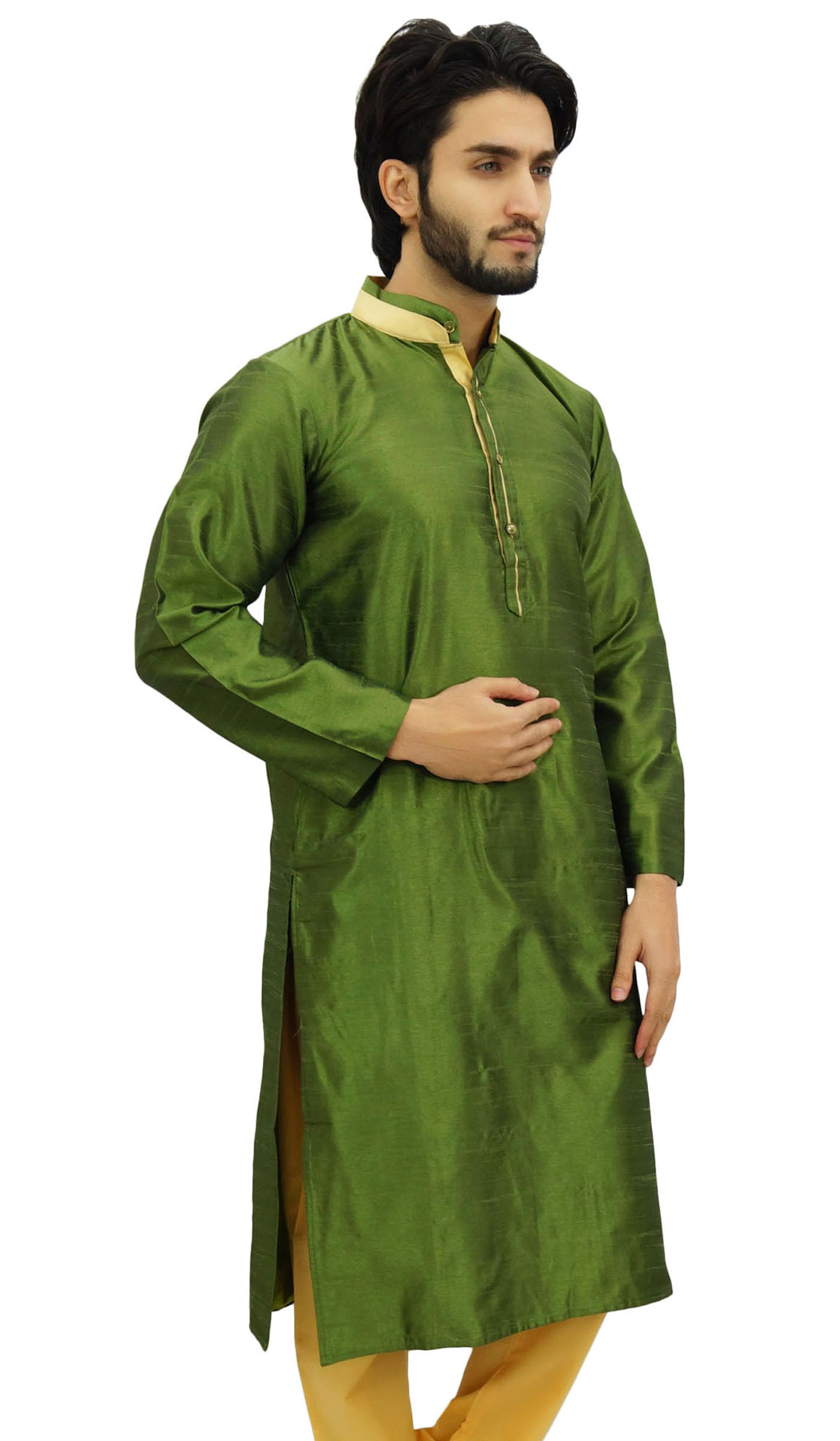 Atasi Men's Long Beige Dupion Band Collar Shirt Ethnic ClothingSmall