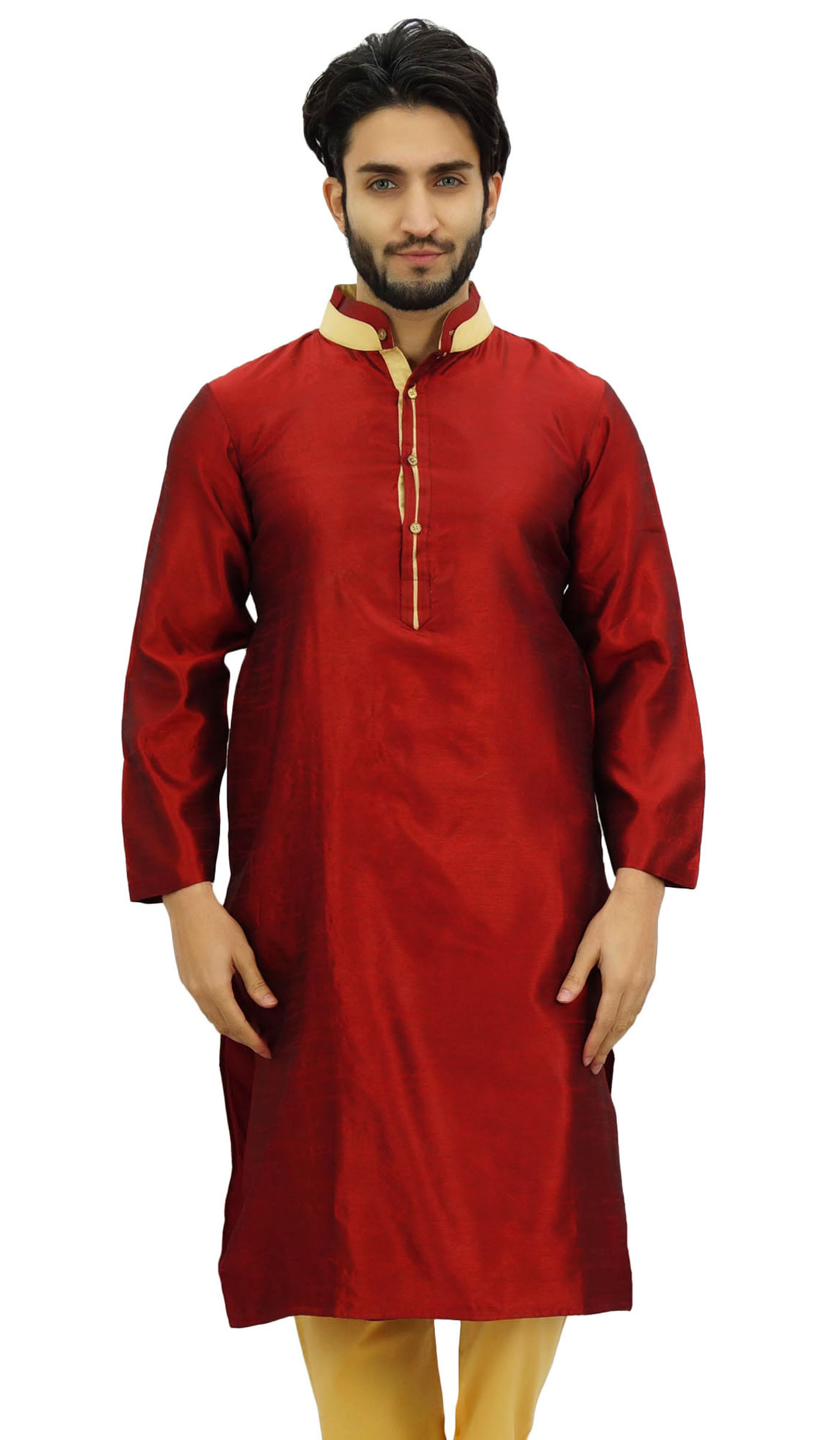 Atasi Men's Long Beige Dupion Band Collar Shirt Ethnic ClothingSmall