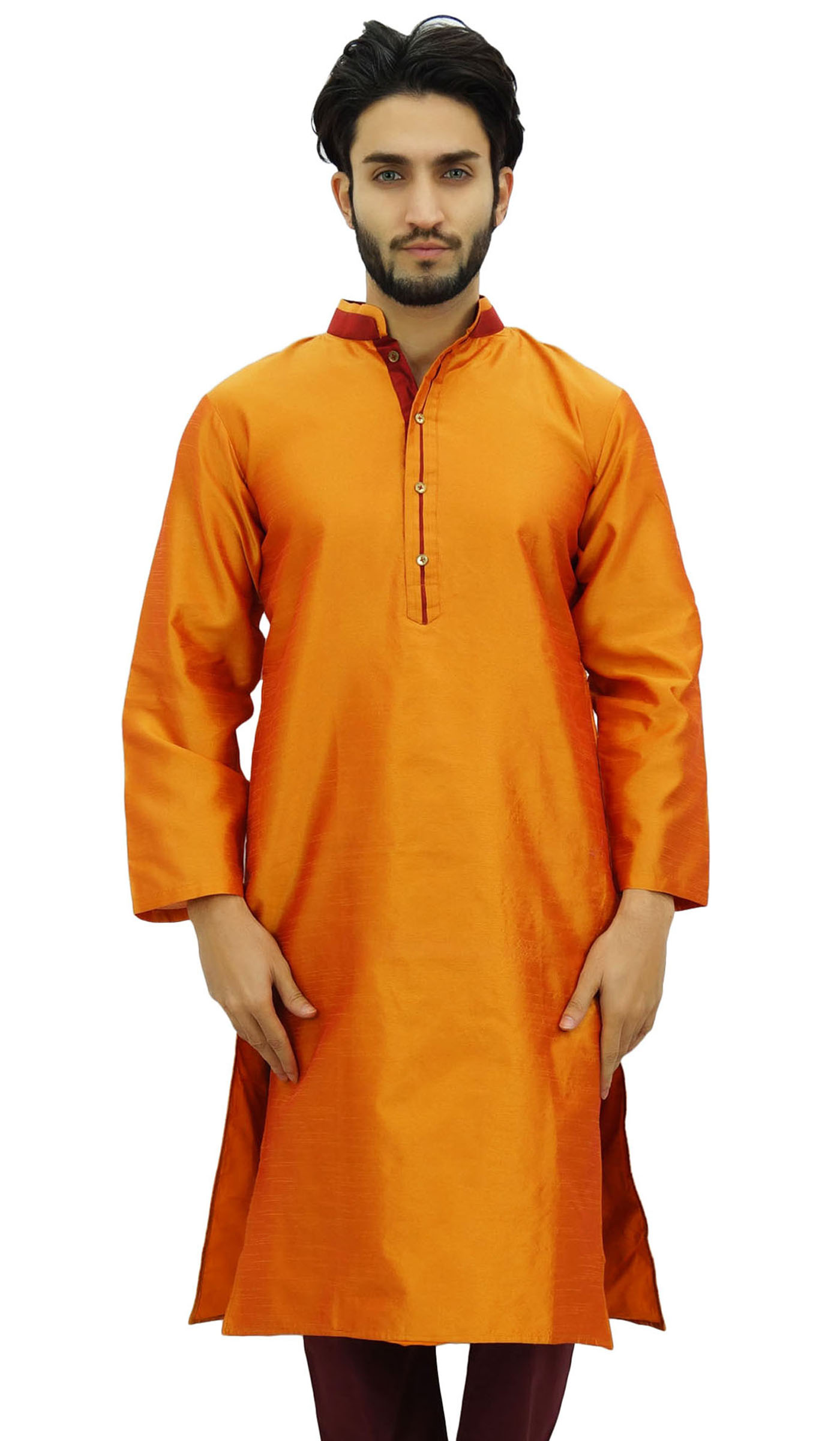 Atasi Men's Long Beige Dupion Band Collar Shirt Ethnic ClothingSmall