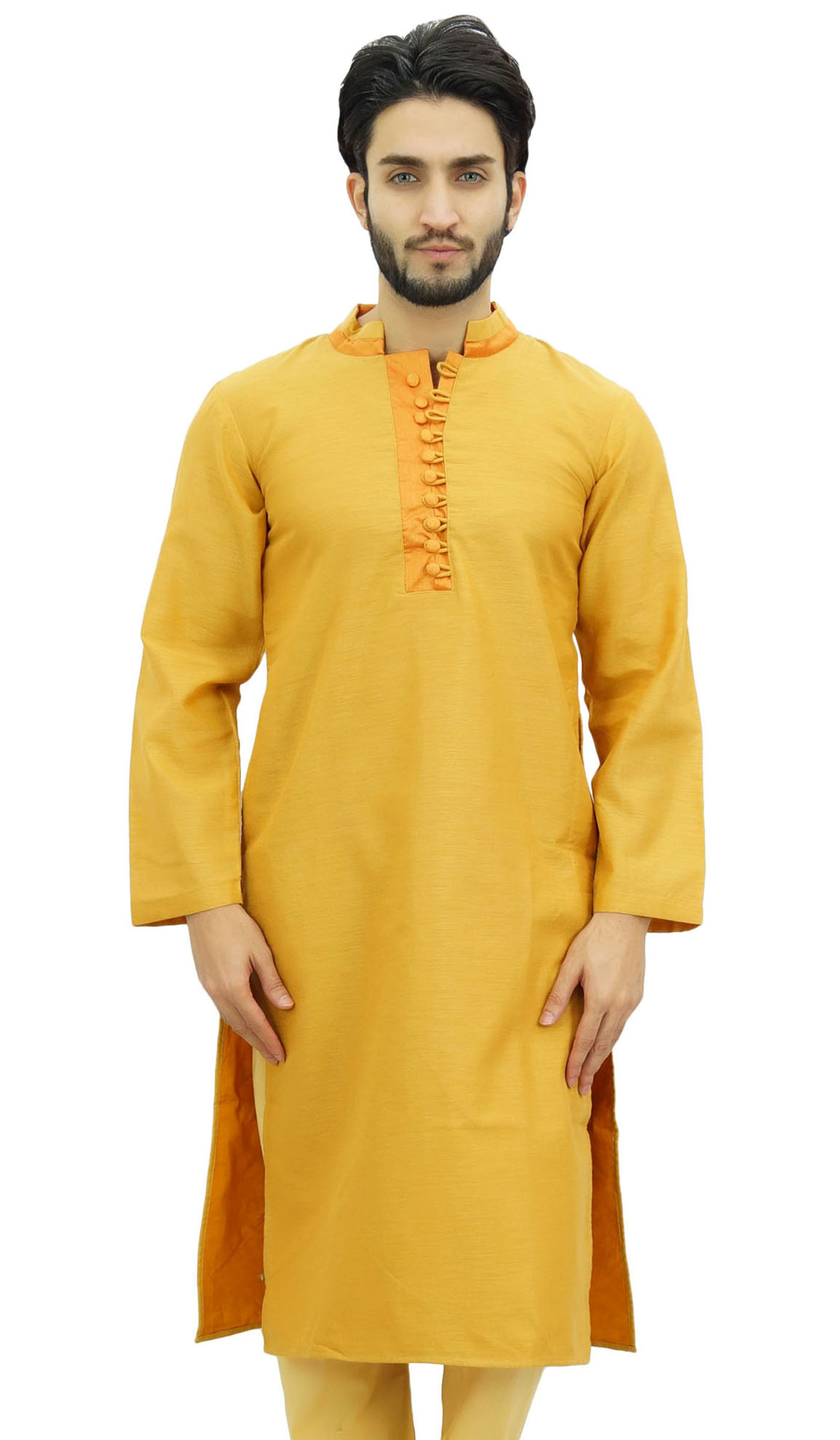 Atasi Men's Long Kurta Orange Dupion Ethnic Bollywood Style Shirt 