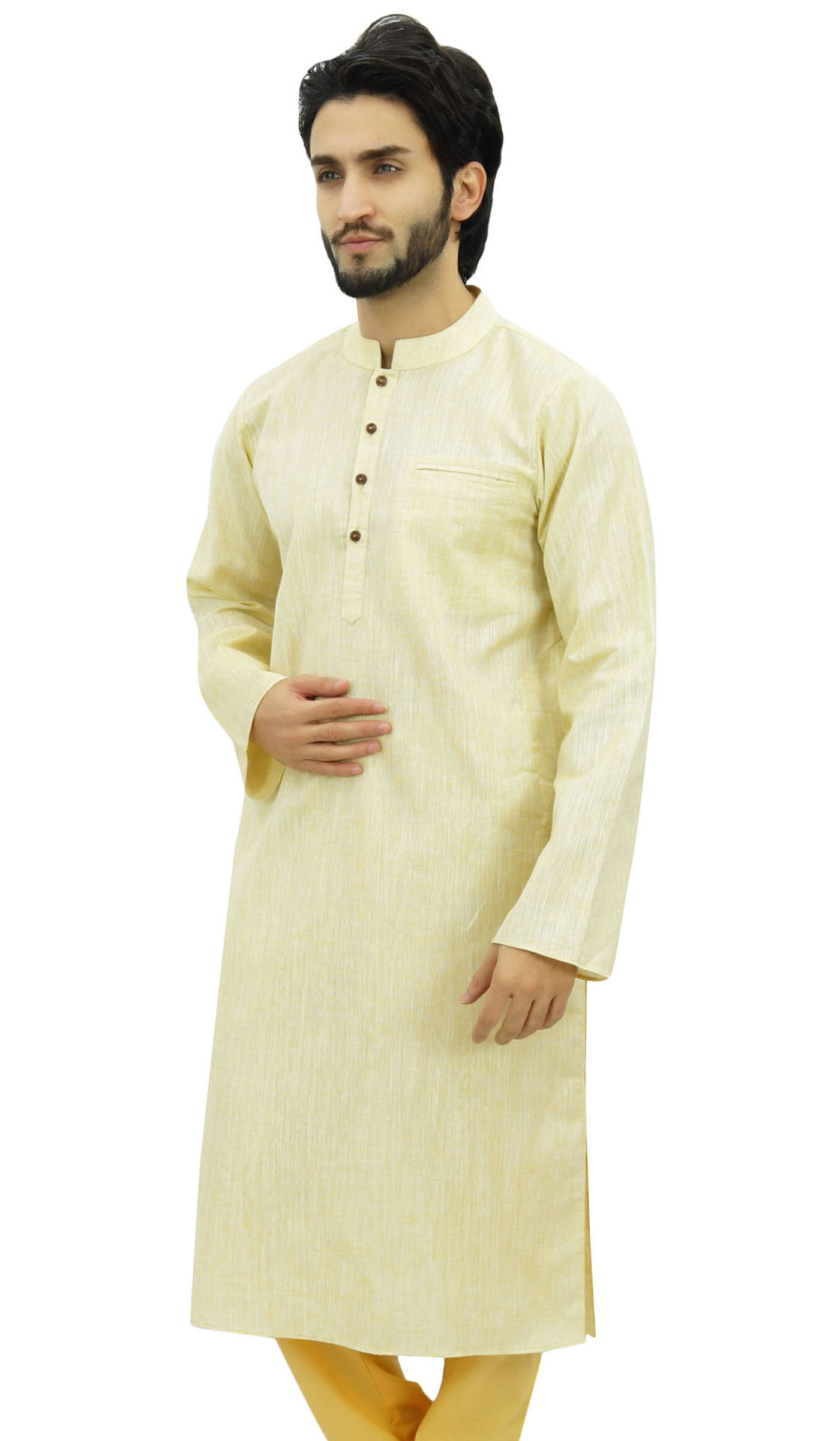 Atasi Homme Beige Kurta Roll-over Shirt Col Cou Ethnic Indian Clothing 