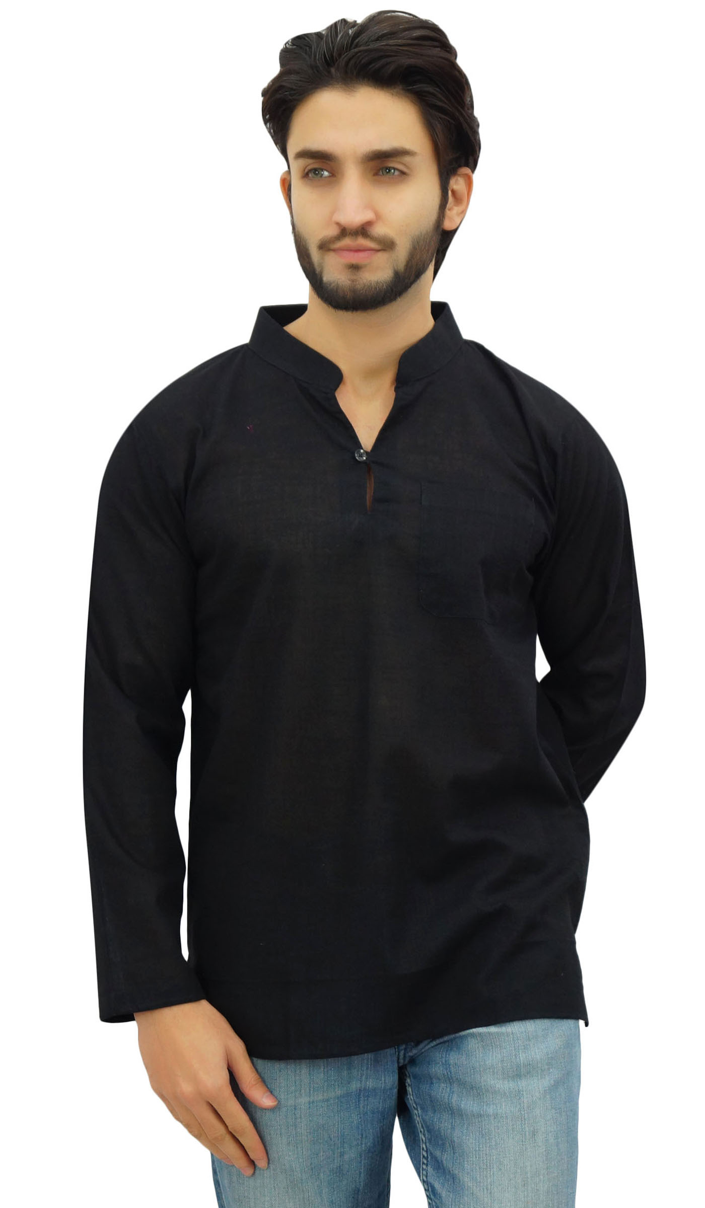 Atasi Men's Band Collar Short Kurta Black Cotton Casual Tunic  Shirt-Large-VJu