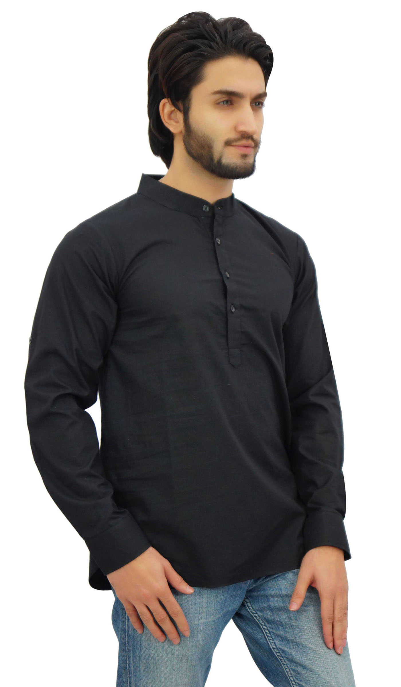 Atasi Men's Ethnic Short Kurta Black Mandarin Collar Cotton Tunic-AkX ...