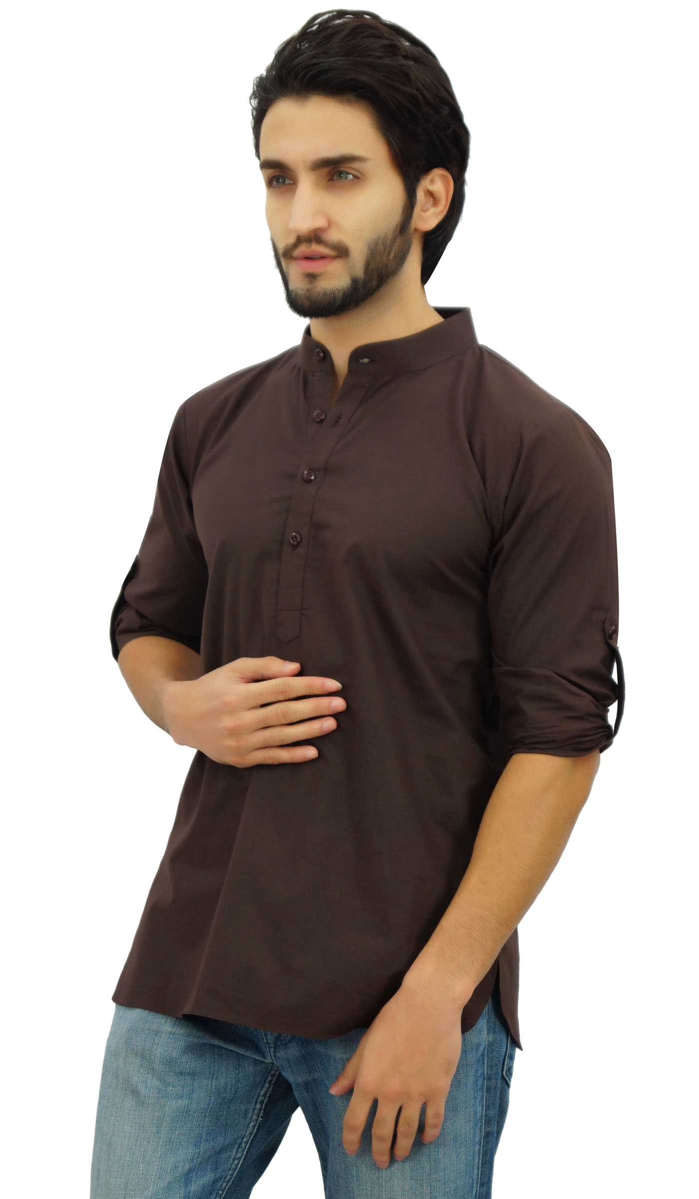 Atasi Homme col Mandarin Coton Short Kurta Brown Casual Ethnic Shirt 