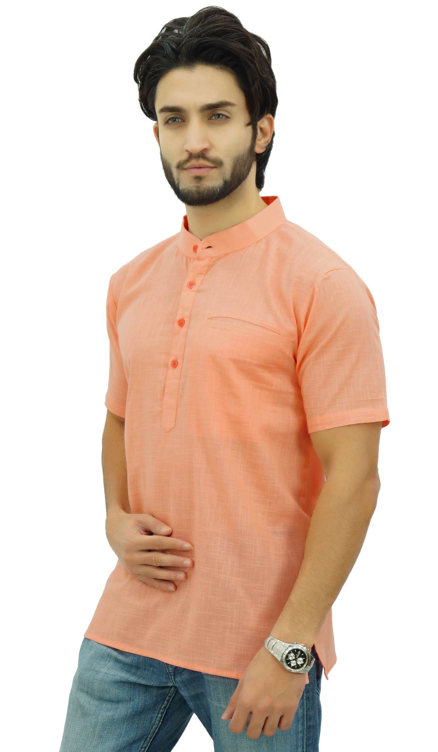 Atasi Men's Short Sleeve Peach Cotton Mandarin Collar Shirt Ethnic-hWT ...