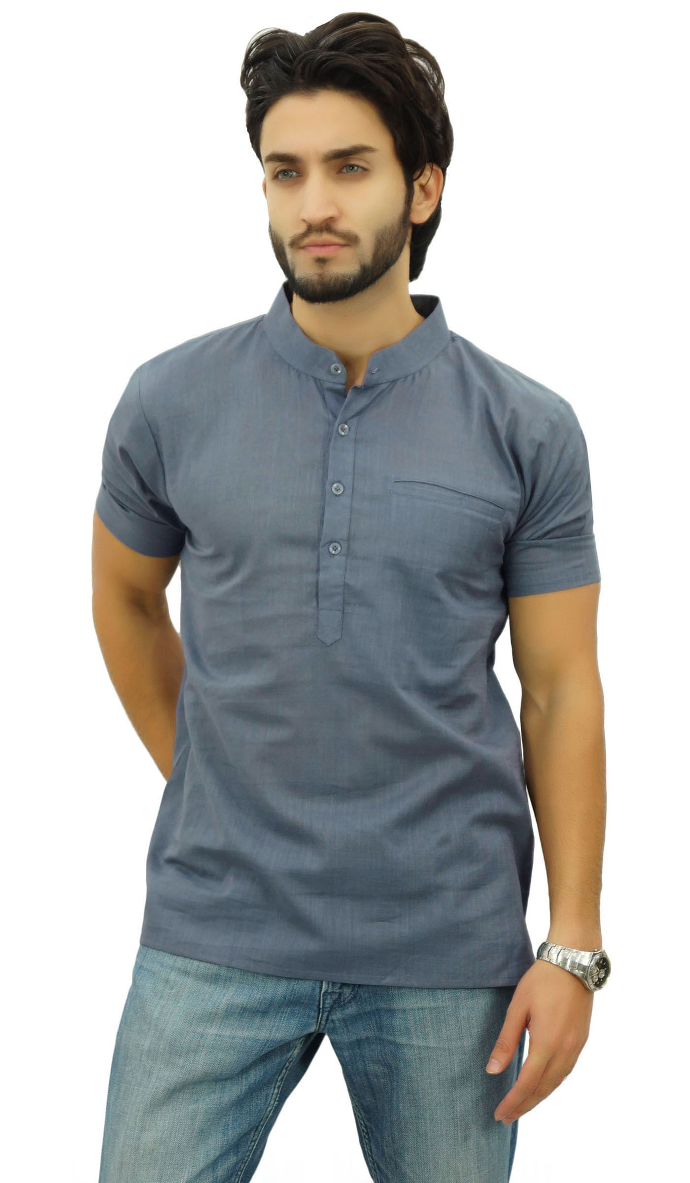 Atasi Men's Short Sleeve Black Cotton Mandarin Collar Shirt Ethnic-GqM ...