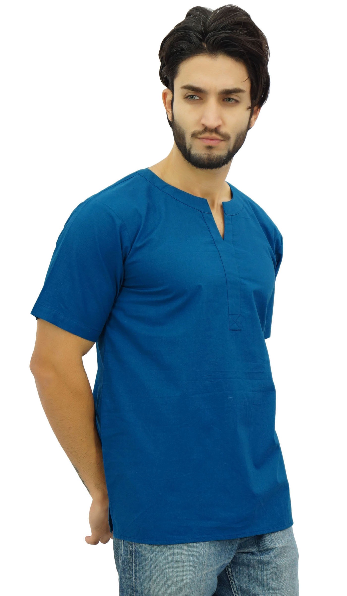 Atasi Men's Black Casual Short Kurta Indian Tunique Col V Coton Top 