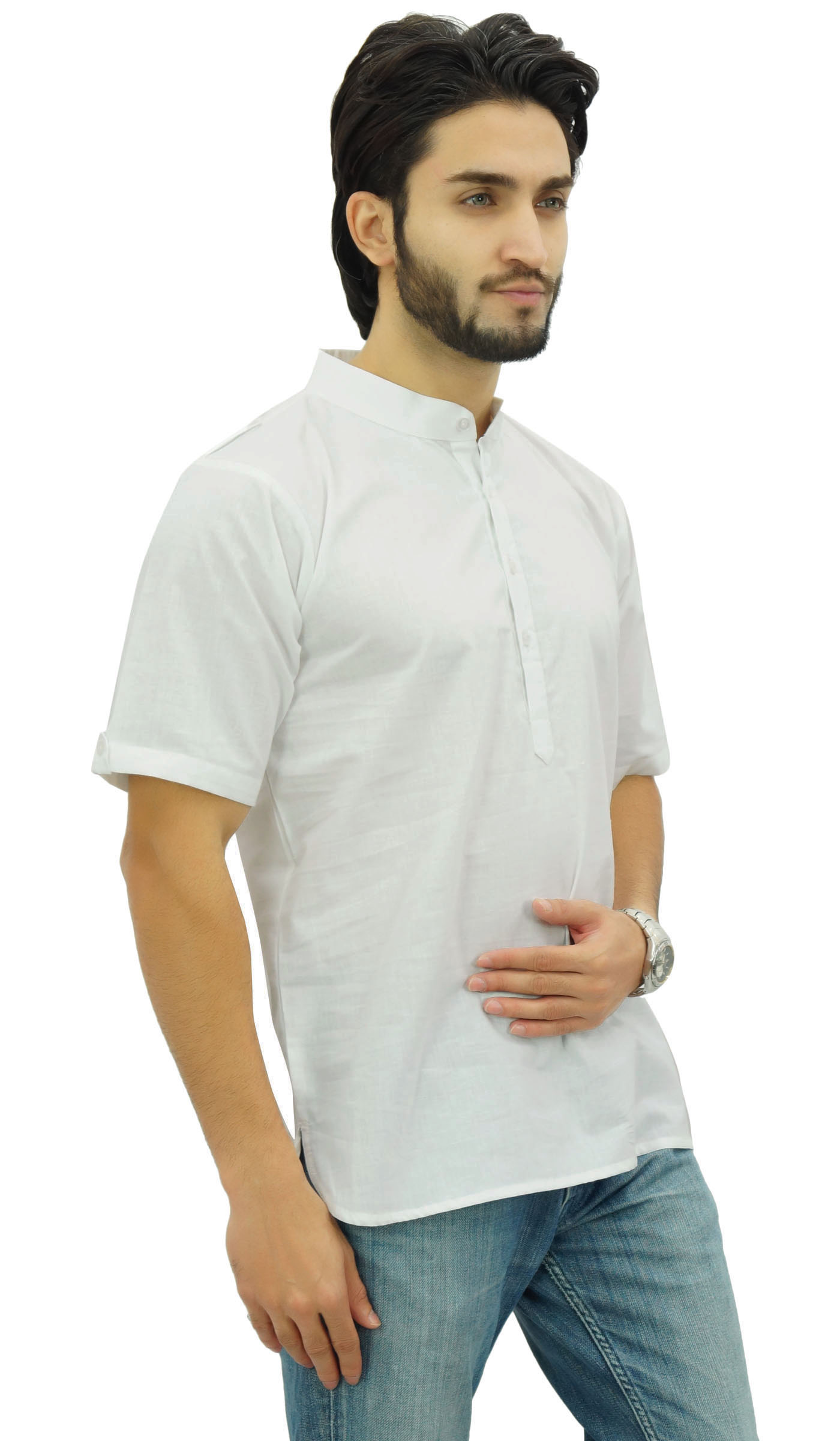 Atasi Men's Mandarin Collar Cotton Short Kurta Brown Casual Ethnic Shirt 