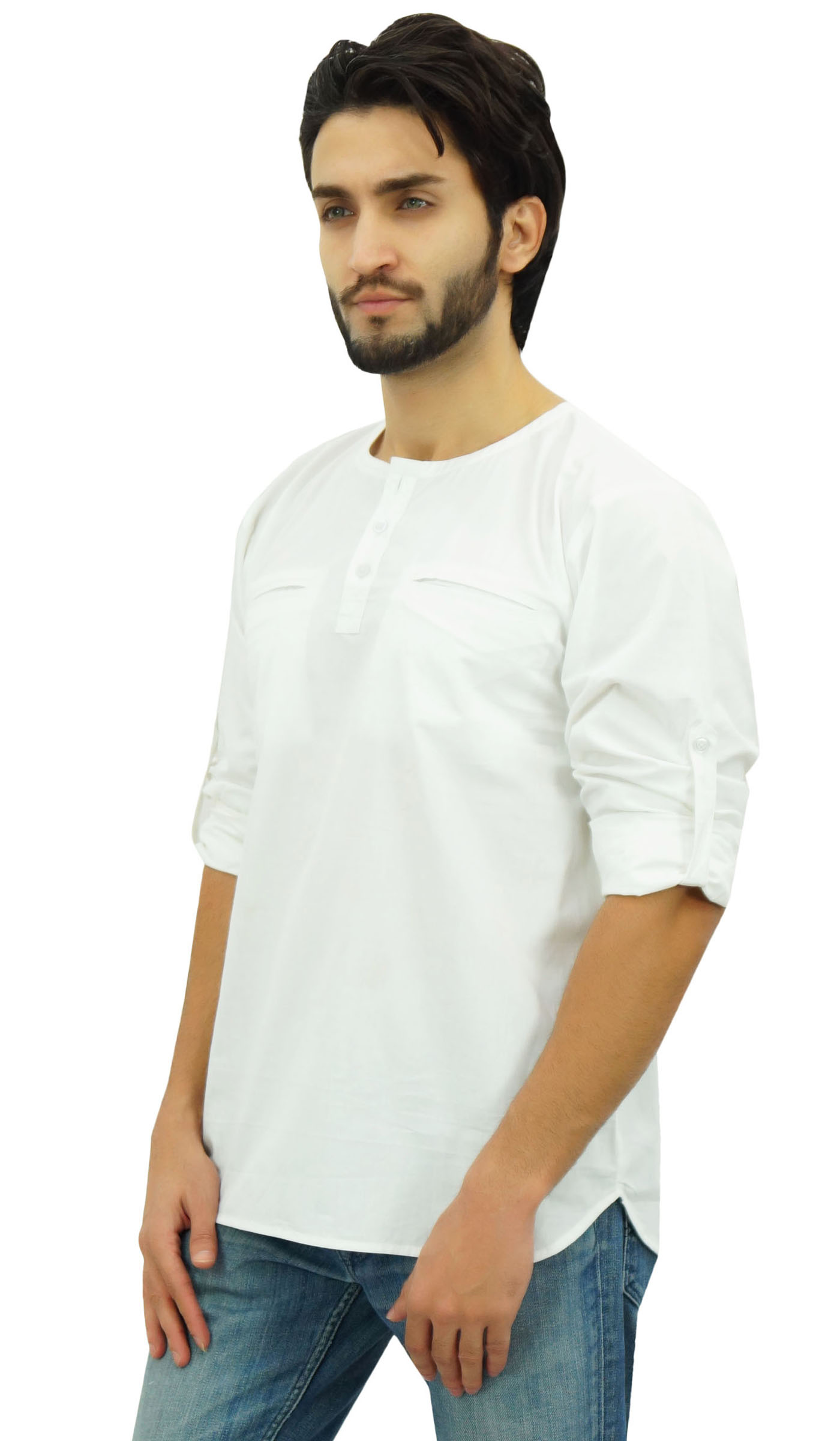 Atasi Men's Round Neck Kurta Cotton Roll-Over Sleeve White Shirt 