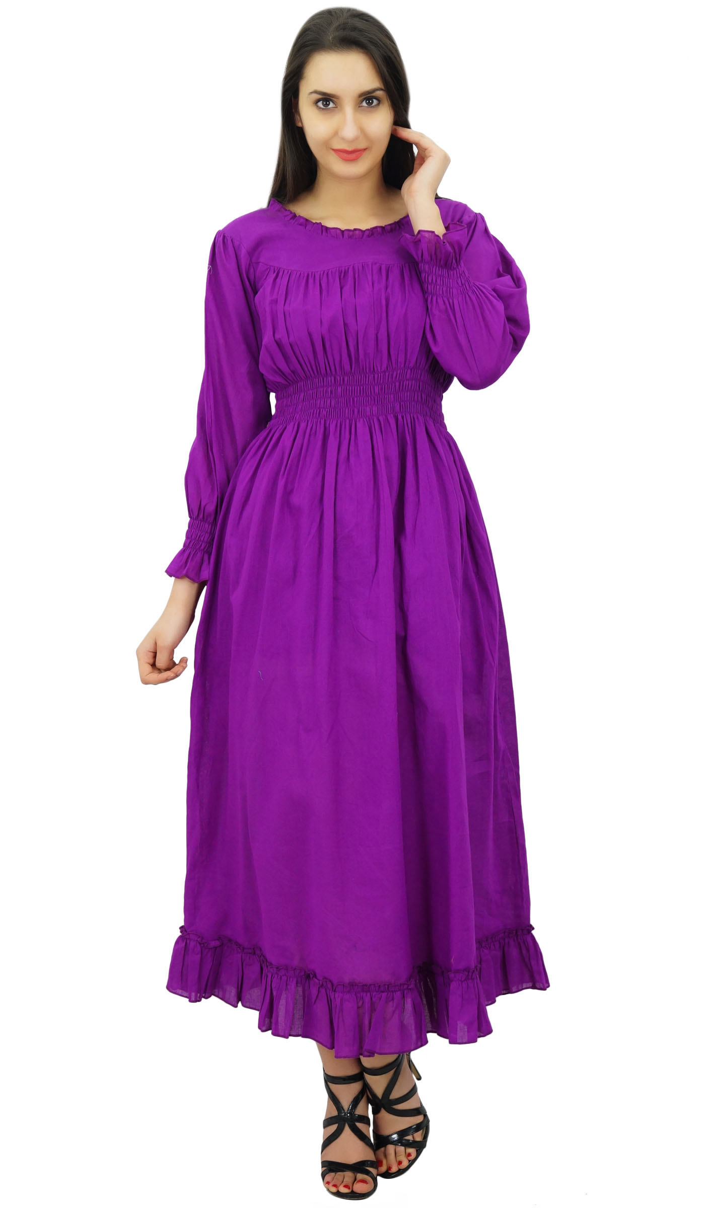 thumbnail 8  - Bimba Women&#039;s Cotton Smocked Waist Long Casual Maxi Dress-we8