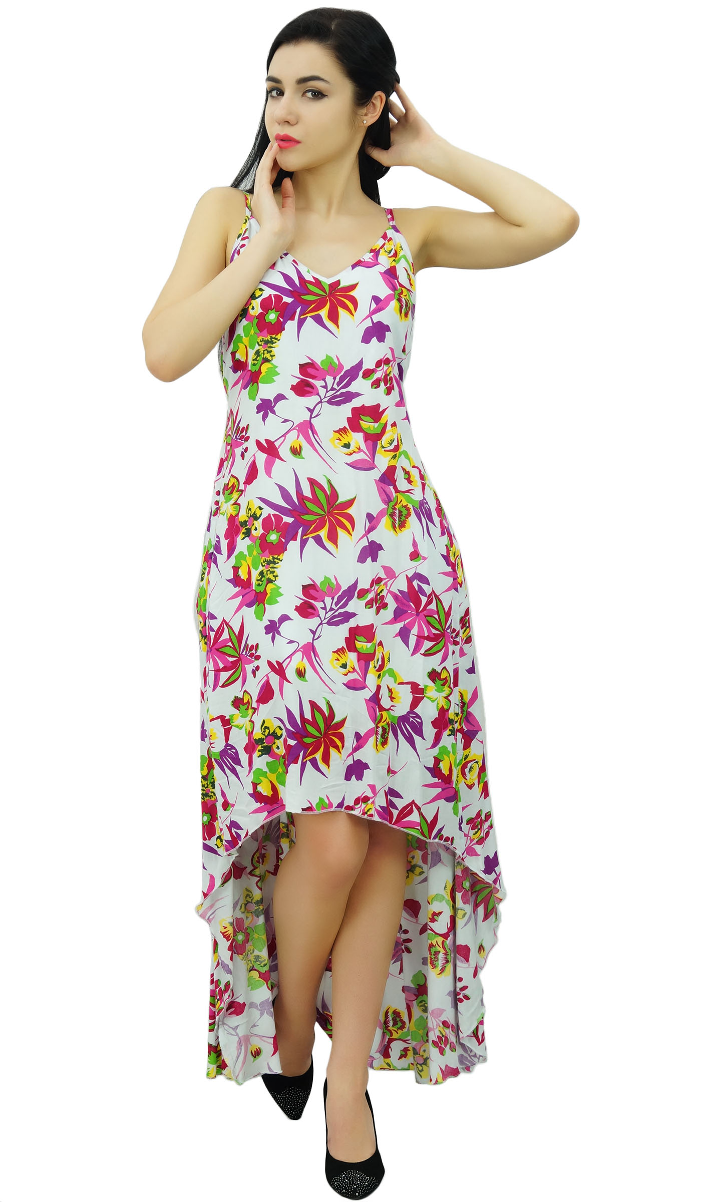Bimba Women Asymmetrical Hem Spaghetti Straps Sundress Long Summer-LQB