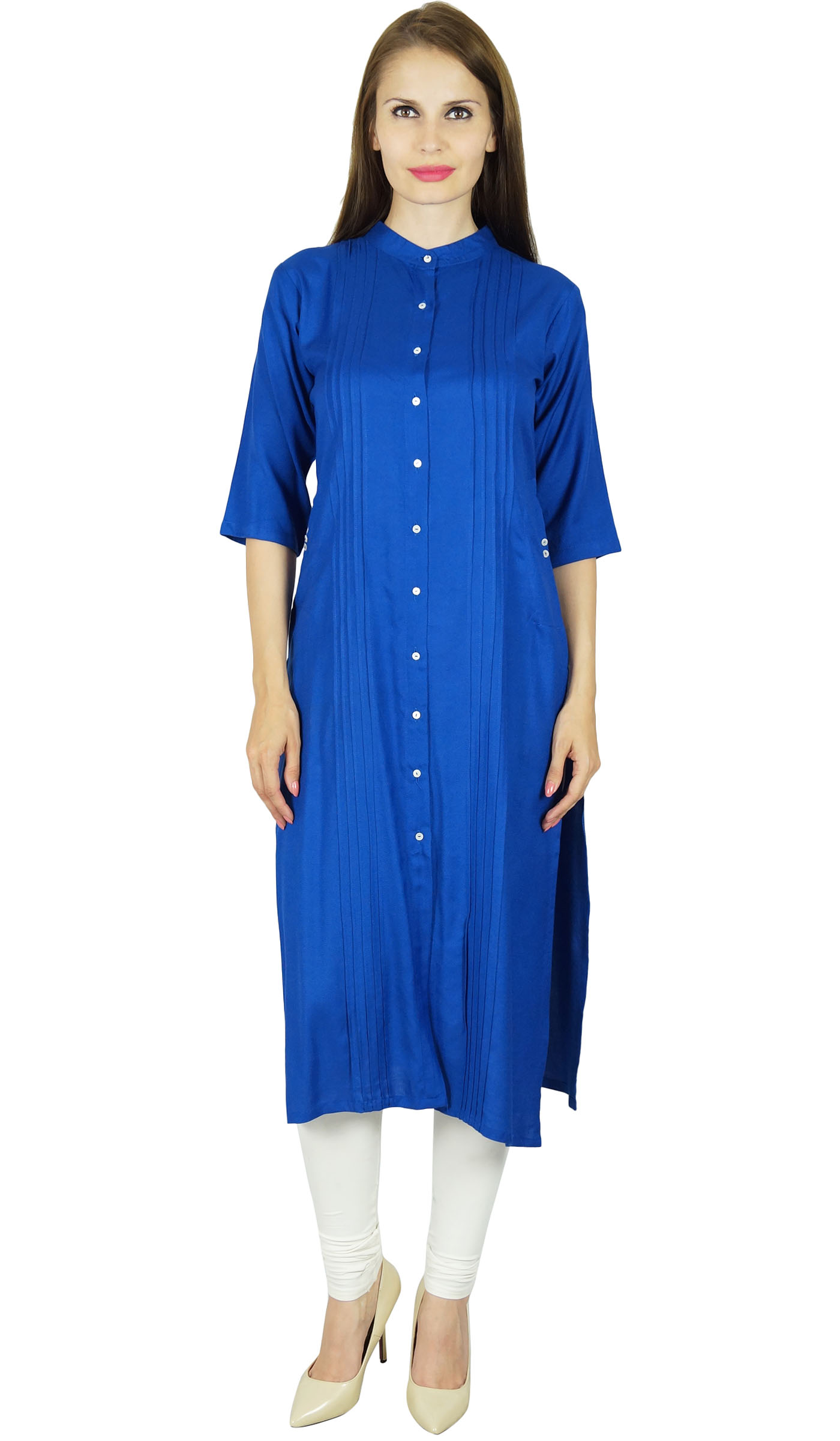 Bimba Women Blue Solid Rayon Kurta Kurti 3/4 Sleeve Casual Formal Tunic Blouse 
