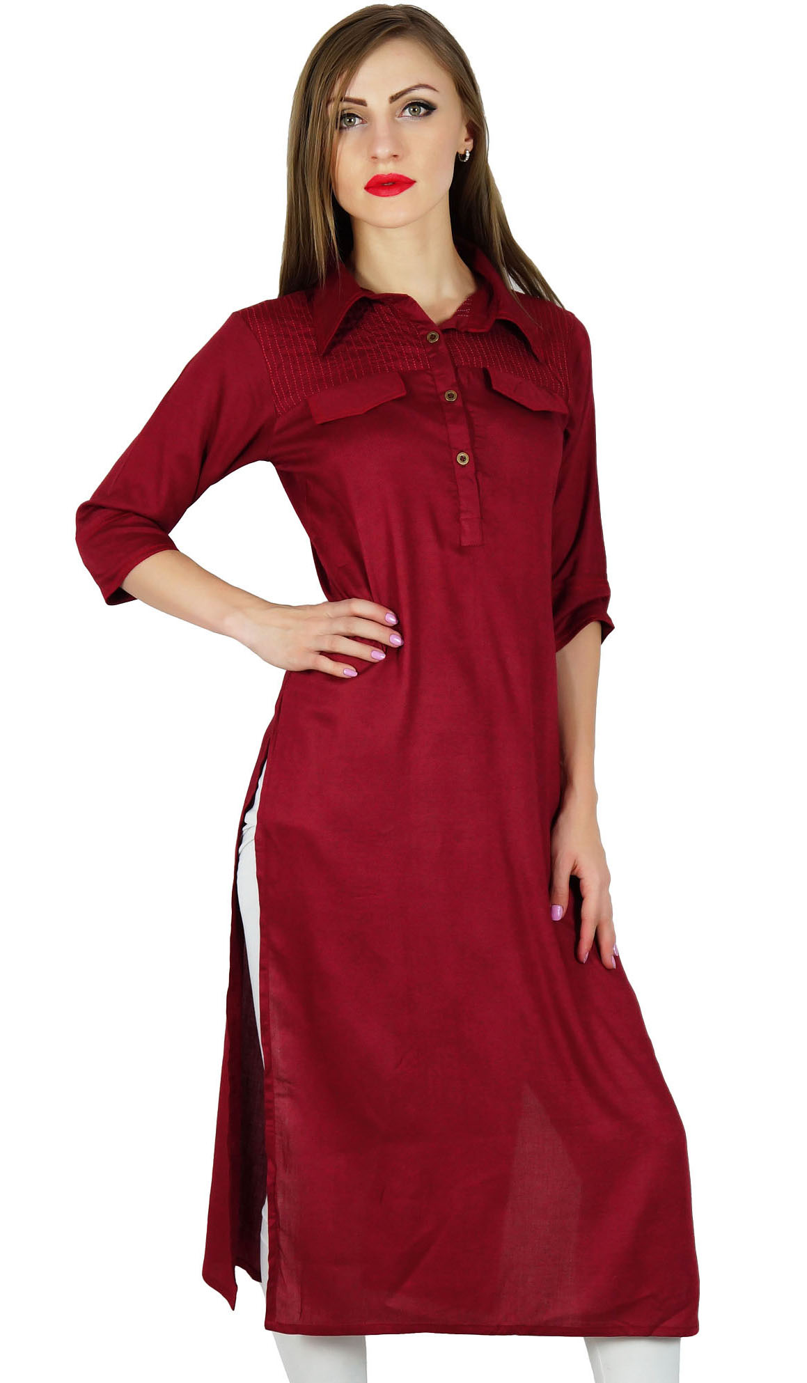 Details about   Women Kurti Maroon Boat Neck Rayon 3/4 Sleeves Solid A-Line Office Kurta 