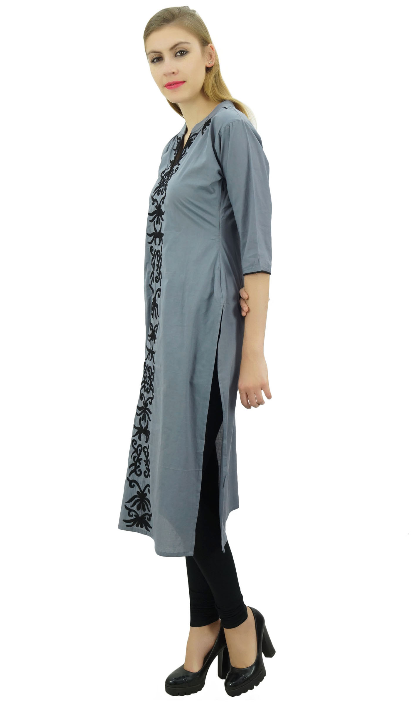 Bimba Women's Cotton Straight Turquoise 3/4 Sleeve Embroidered Formal Kurta