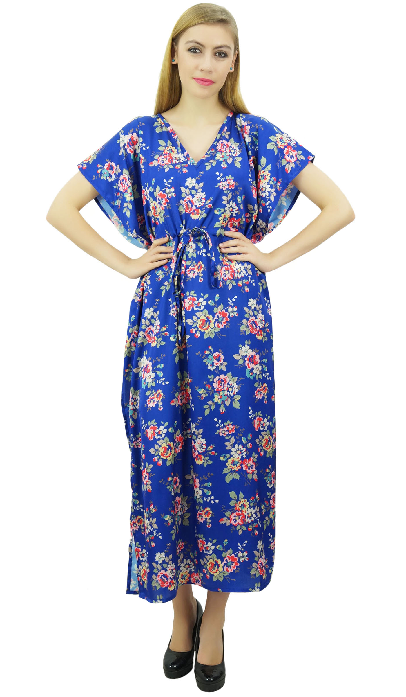 thumbnail 5  - Bimba Women&#039;s Long Satin Maxi Drawstring Floral Kaftan Kimono Blue-IdS