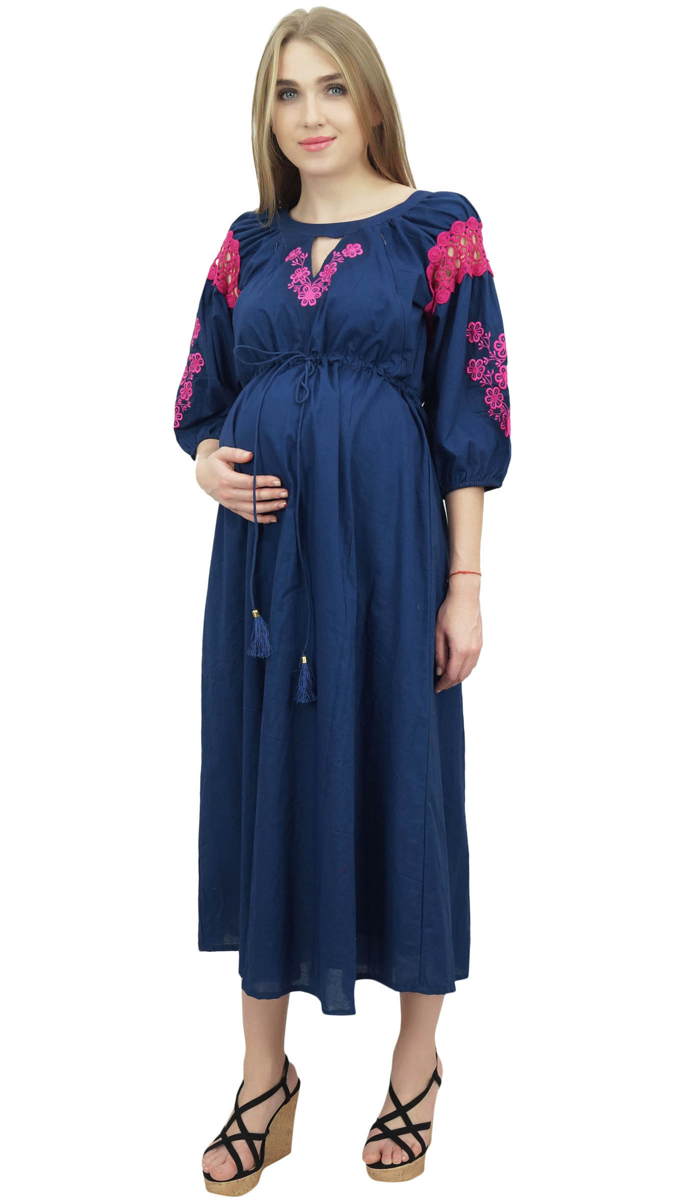 Bimba Moms Drawstring Maternity Dress Beige Embroidered Nursing-w6a | eBay
