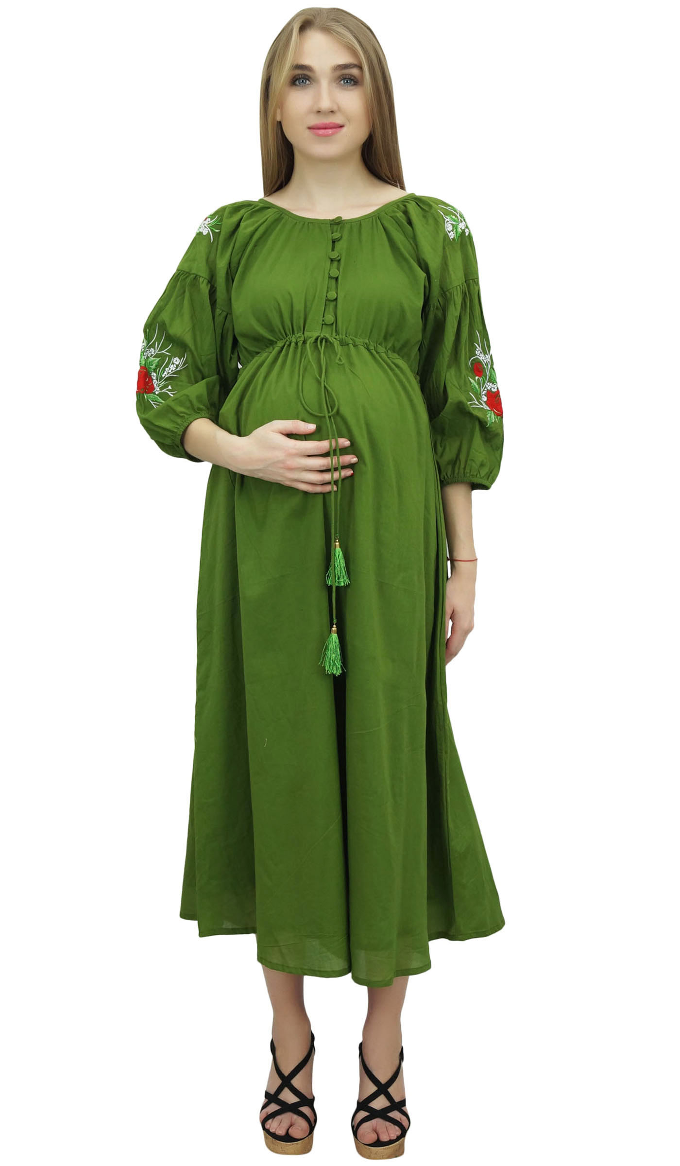 Bimba Moms Embroidered Women's Olive Green Maternity Dress GownjB3 eBay