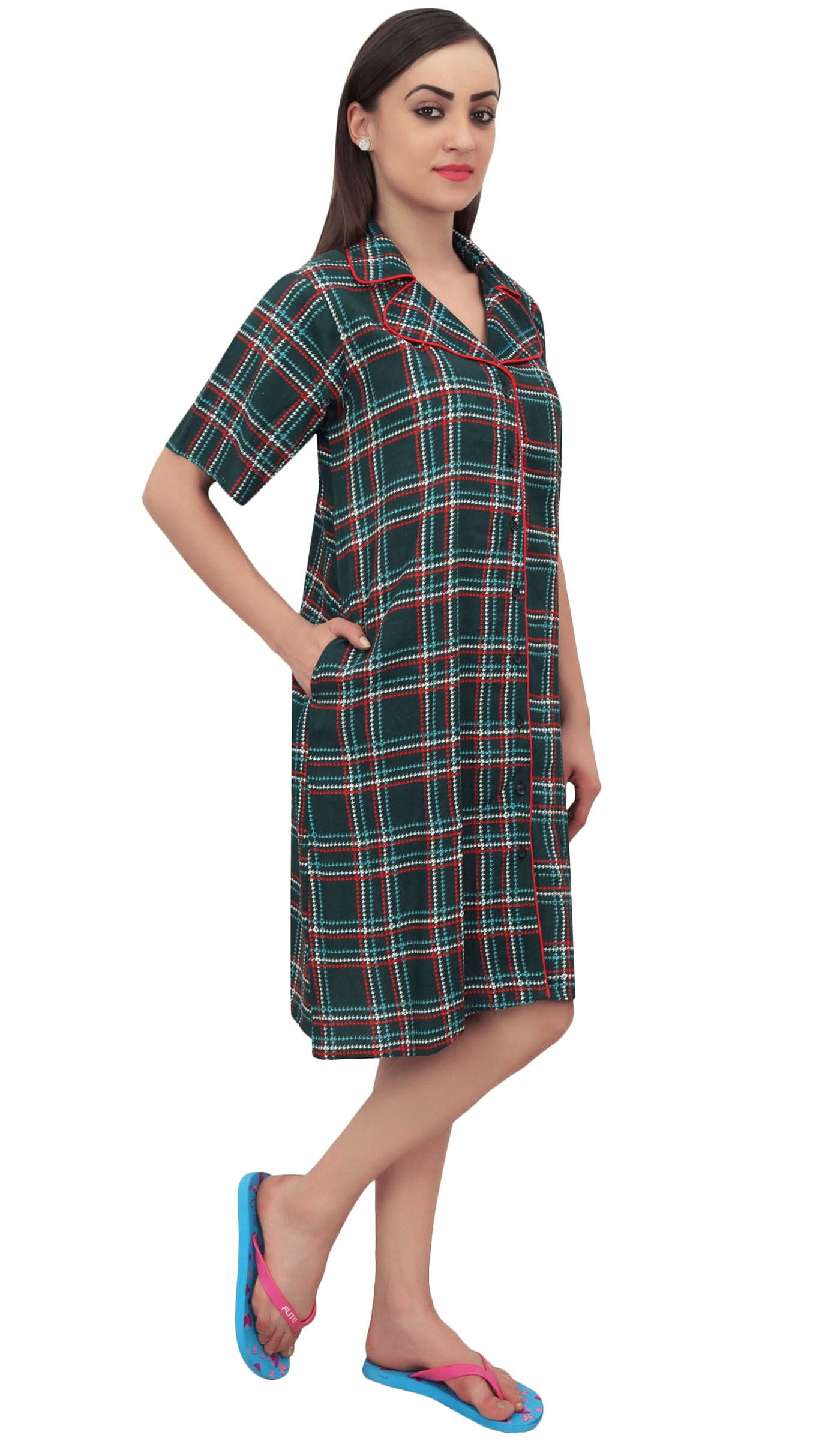Bimba Check Print Green Women Sleepshirt Sleepwear ButtonFront