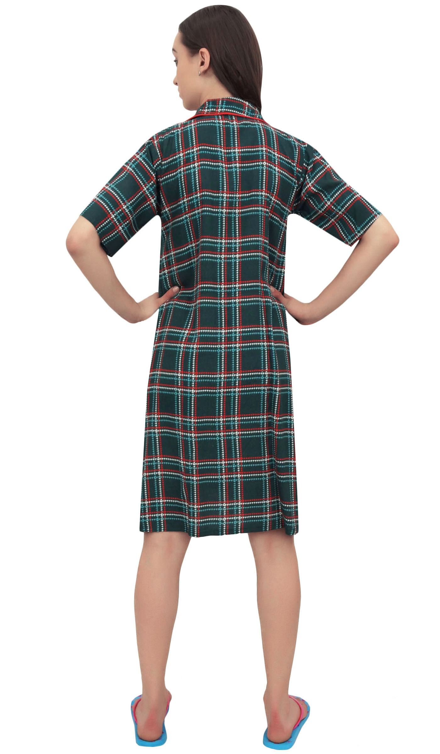 Bimba Check Print Green Women Sleepshirt Sleepwear ButtonFront