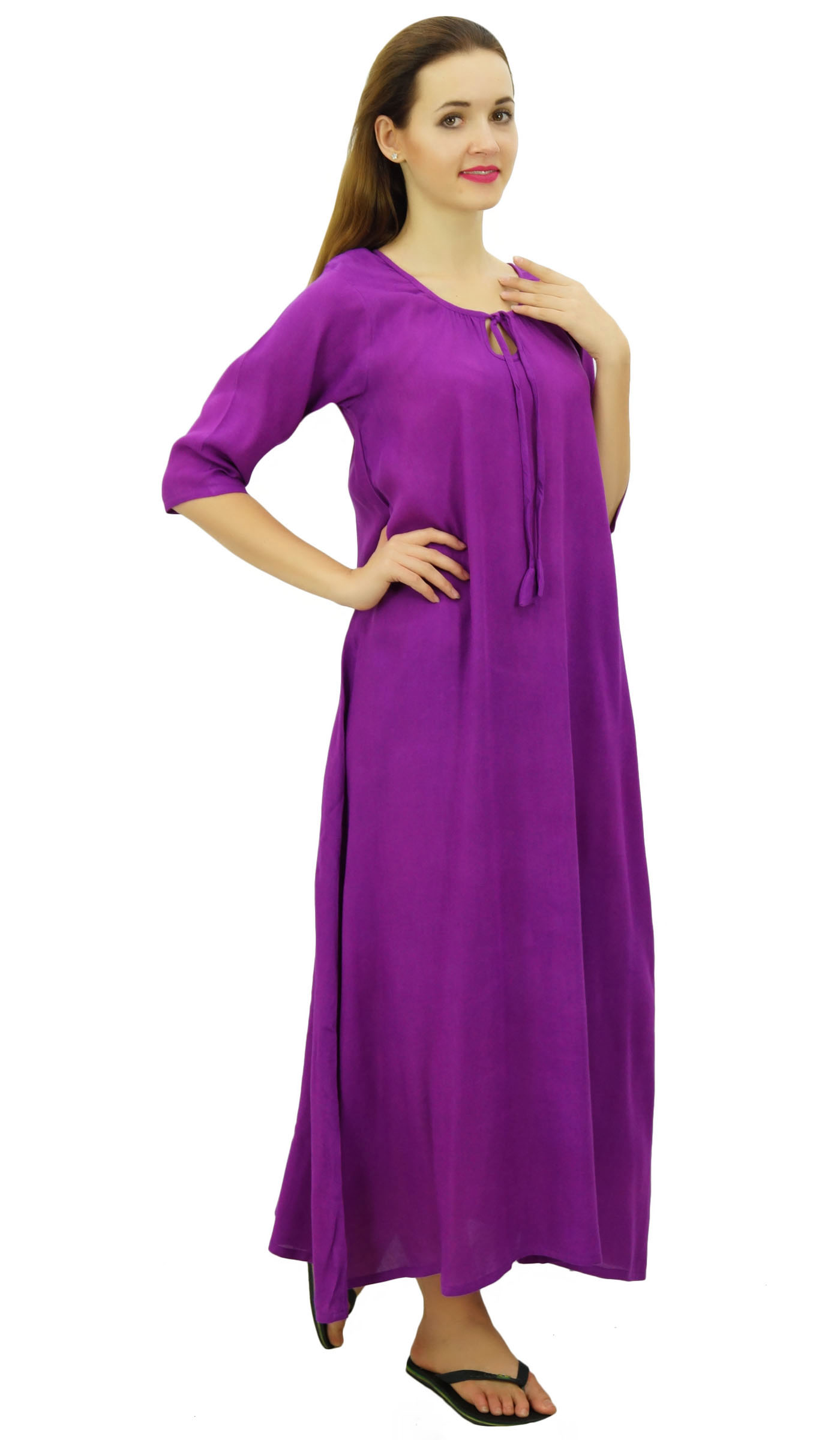 Bimba Women Rayon Purple Night Gown 3/4 Sleeve Long Maxi Night Dress-4 ...