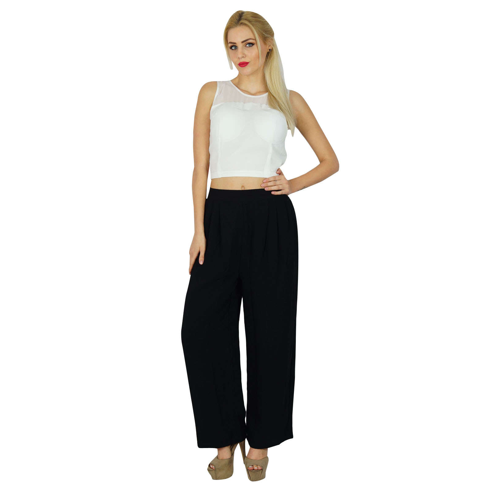 Bimba Women Gergette Palazzo Pants Elastic Waist Casual Clothing-ErM