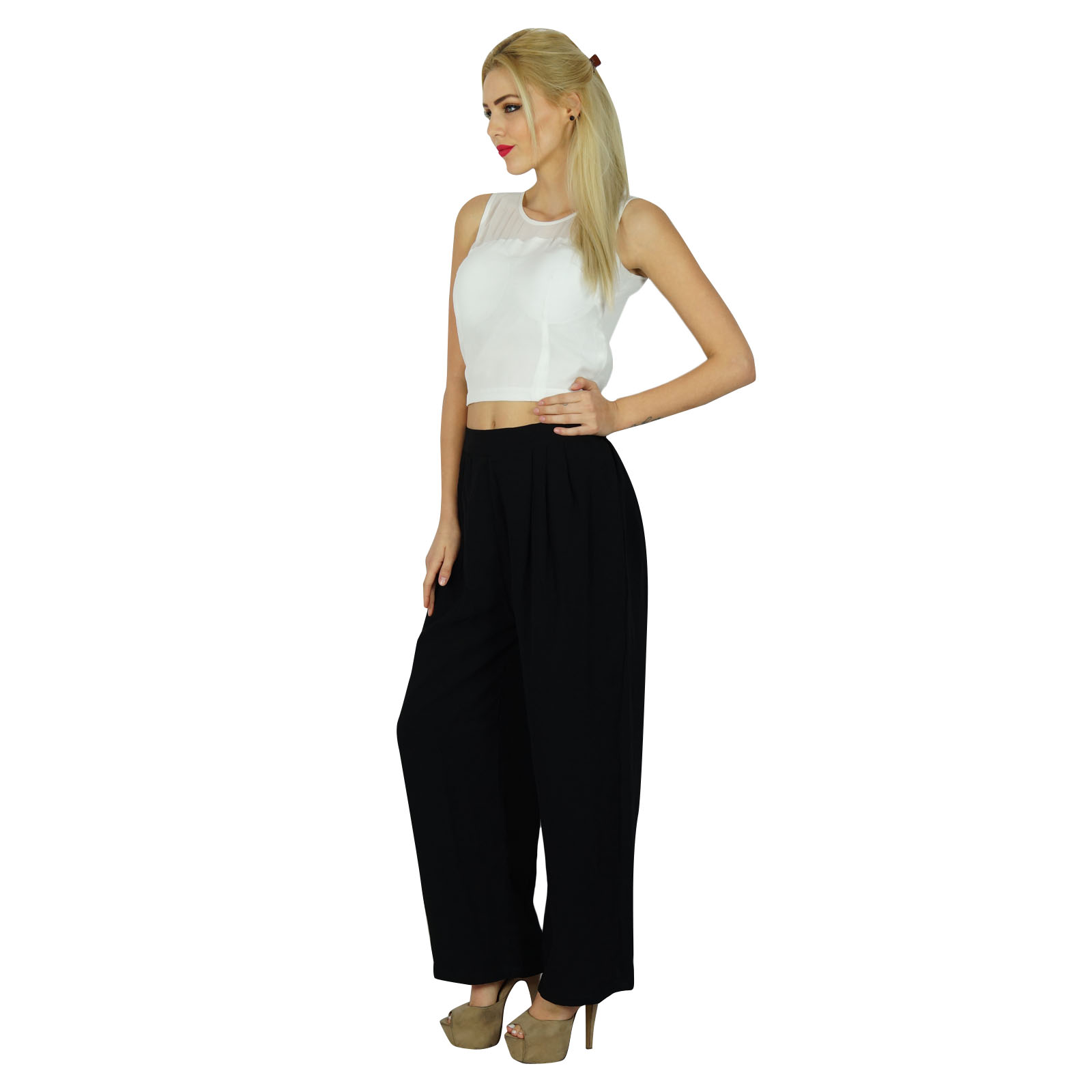 Bimba Women Gergette Palazzo Pants Elastic Waist Casual Clothing-ErM