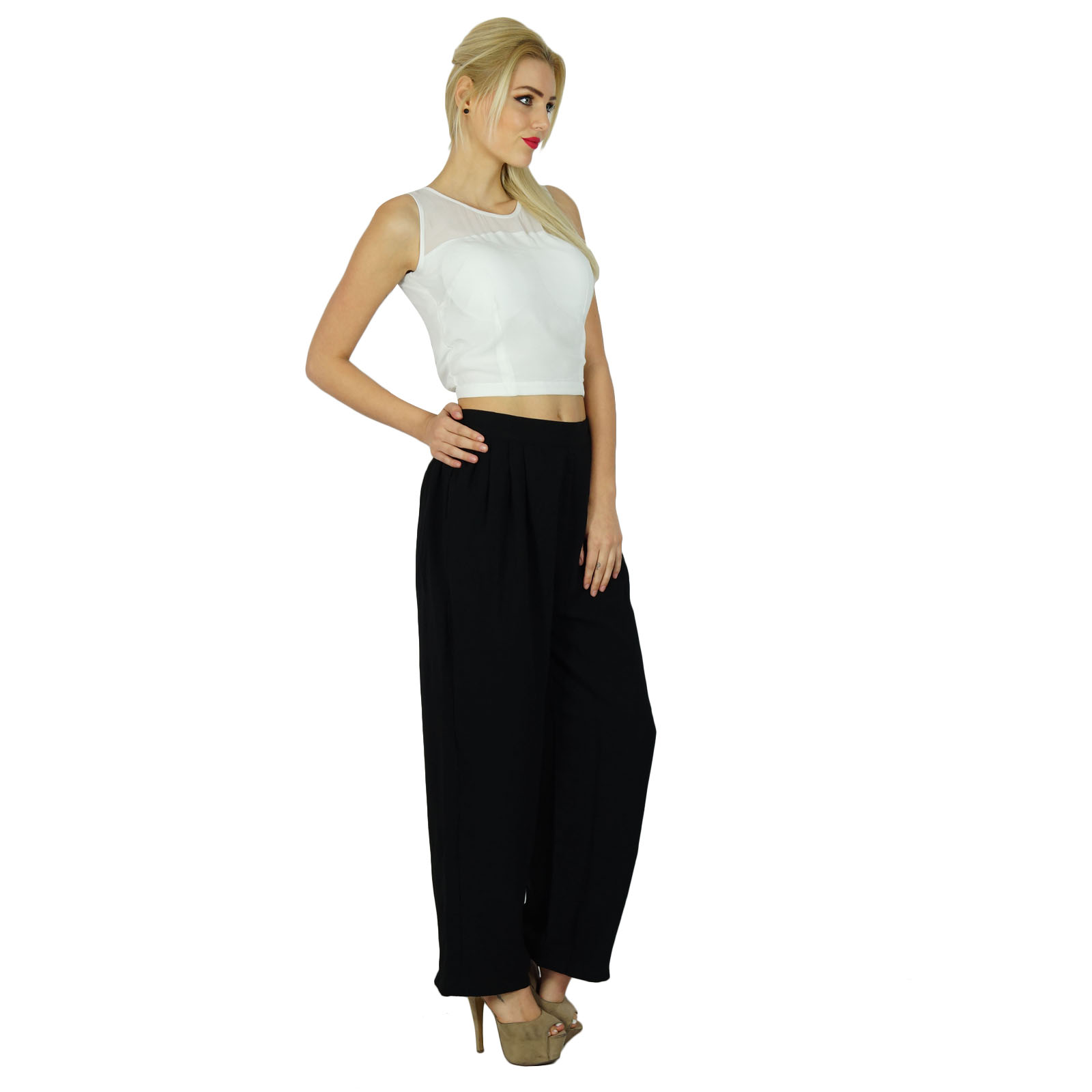 Bimba Women Gergette Palazzo Pants Elastic Waist Casual Clothing-ErM