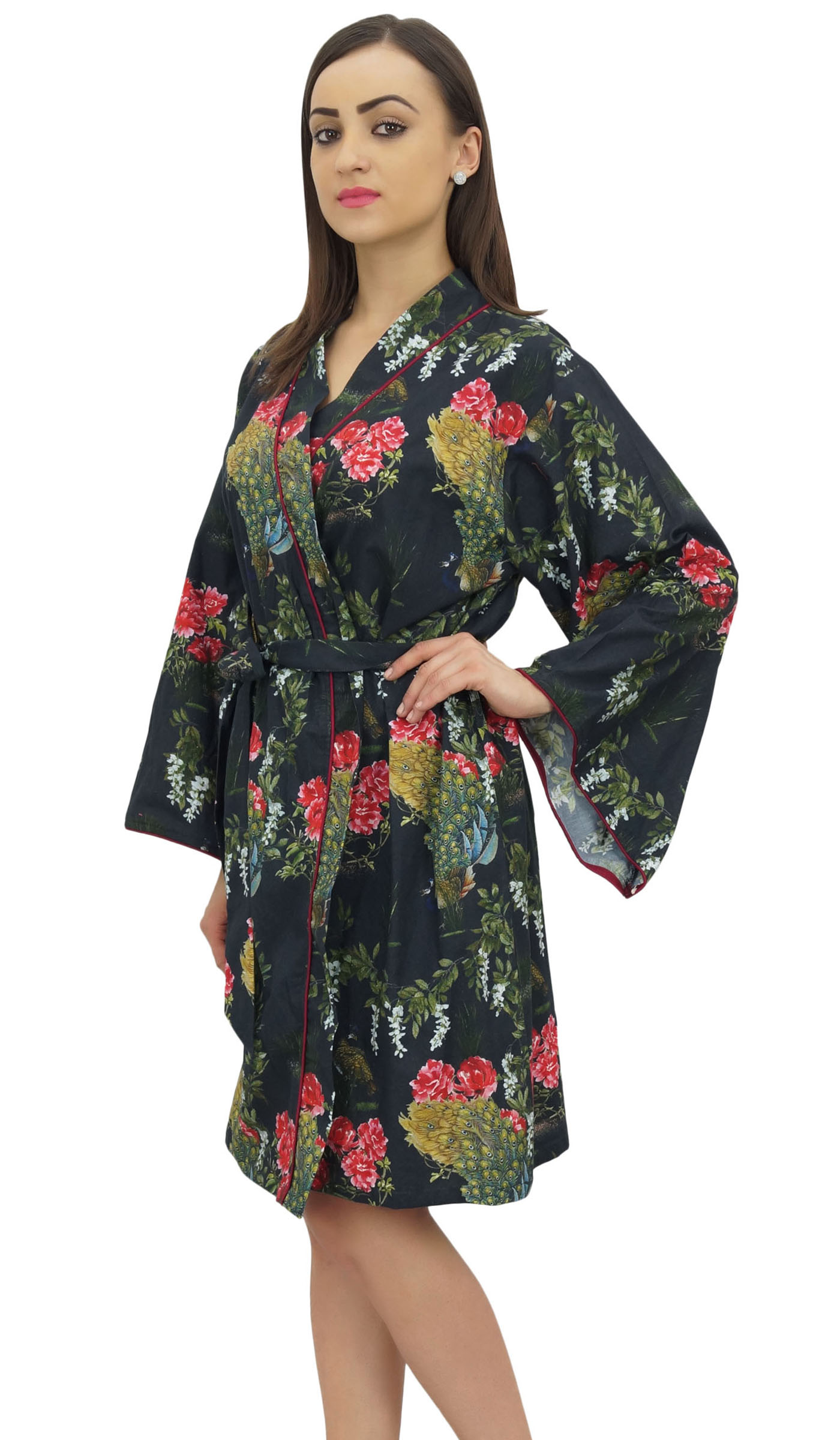 Bimba Women Floral Print Kimono Short Robe With Belt Bridesmaid Cover ...