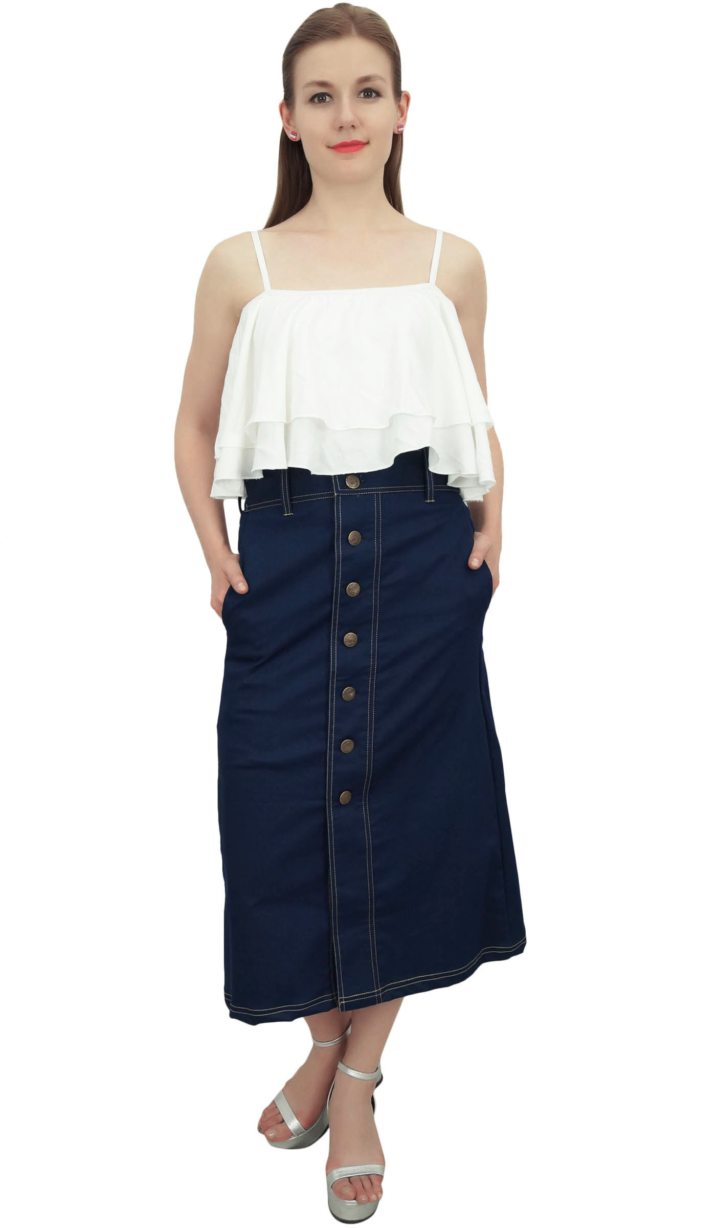 Bimba Women S Mid Calf A Line Denim Skirt Elastic Waist Casual Summer Cxd Ebay