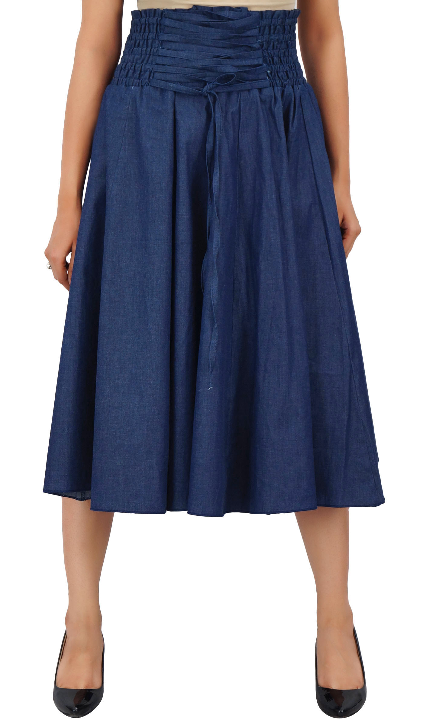 Bimba Navy Blue High Waist Denim Skirt a-line Smocked Waist Designer ...