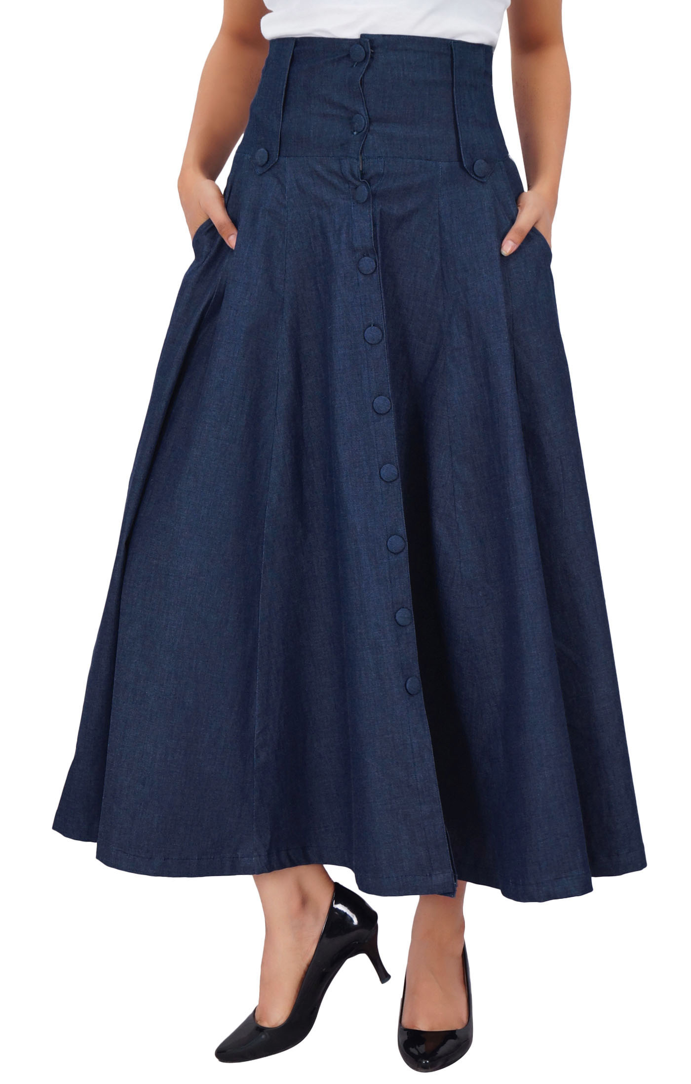 Bimba Mid Calf High Waist Denim Skirt Long Flared A Line Retro Boho Kac Ebay