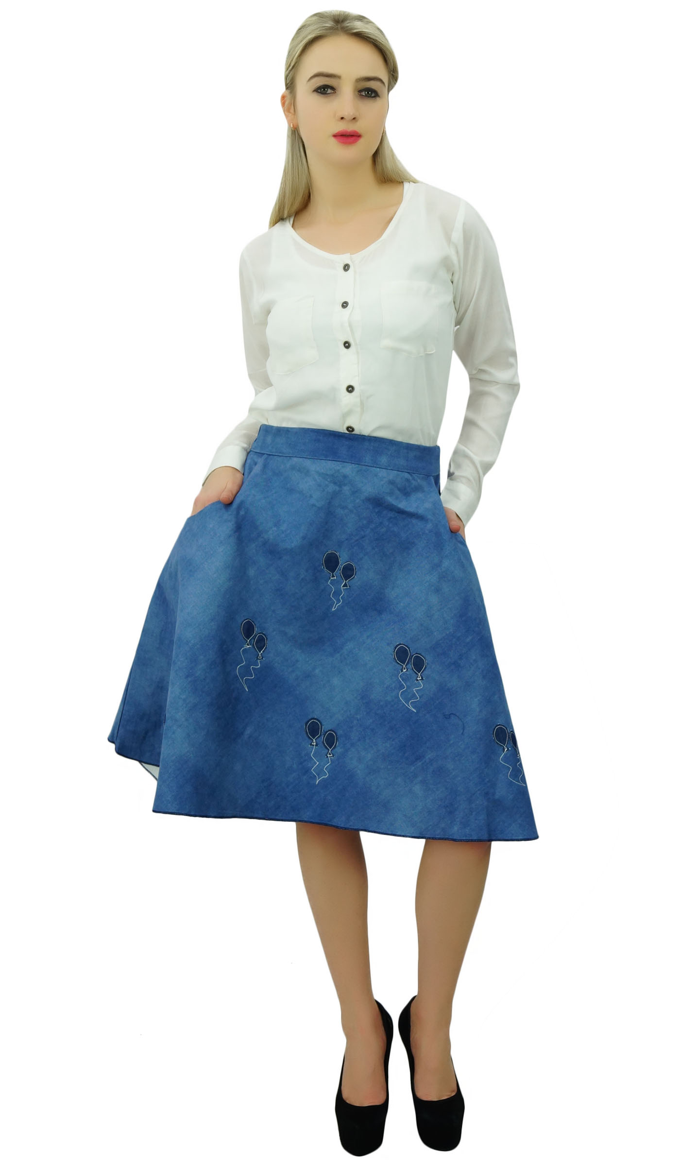 Bimba Women's Denim Circle Skirt knee Length Casual A-Line Skirt-FG7 | eBay