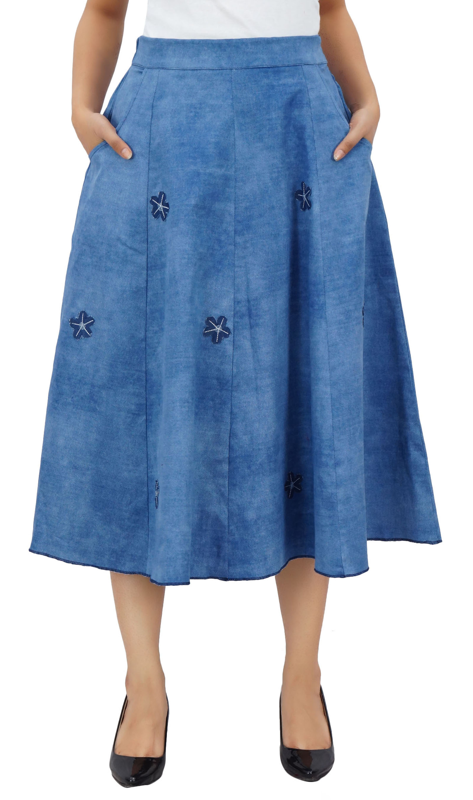 Bimba Women's Elastic Waist Flared Denim Skirt With Pockets Designer ...
