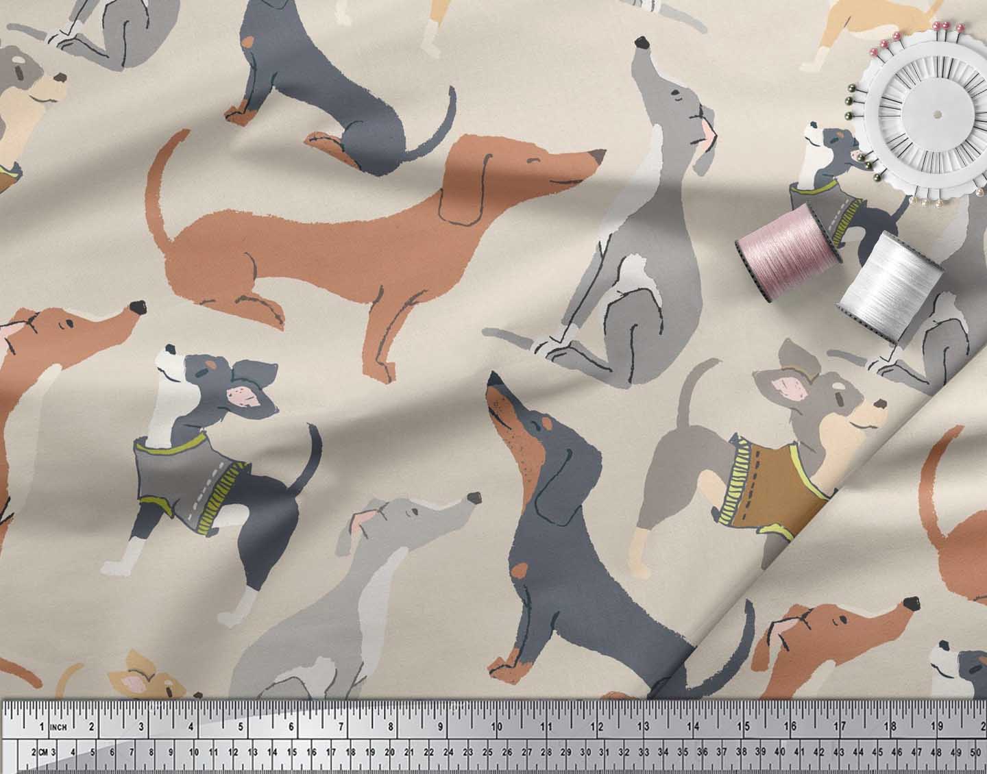 Soimoi White Cotton Poplin Fabric Cute Dog Print Fabric by the Yard3ji