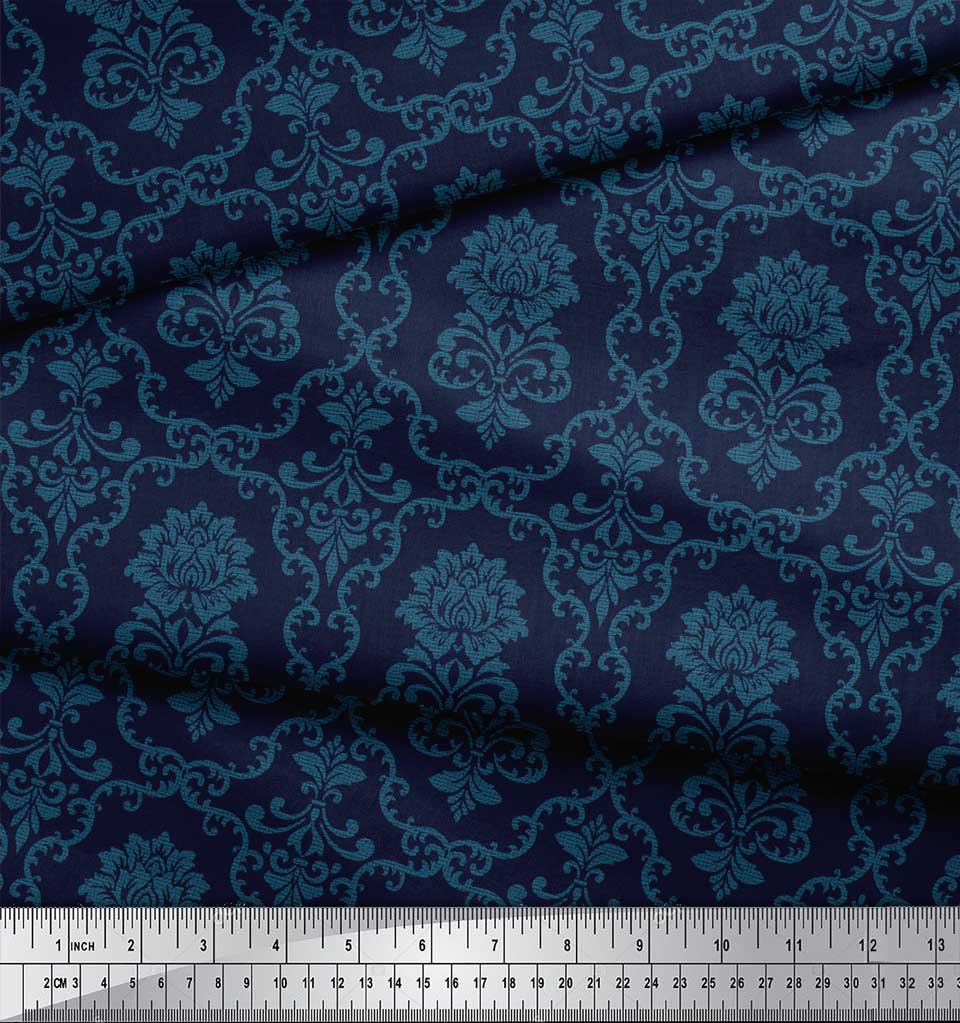 Soimoi bleu coton popeline tissu feuillesPeach & Bleu Motif Floral Damassé-qel 