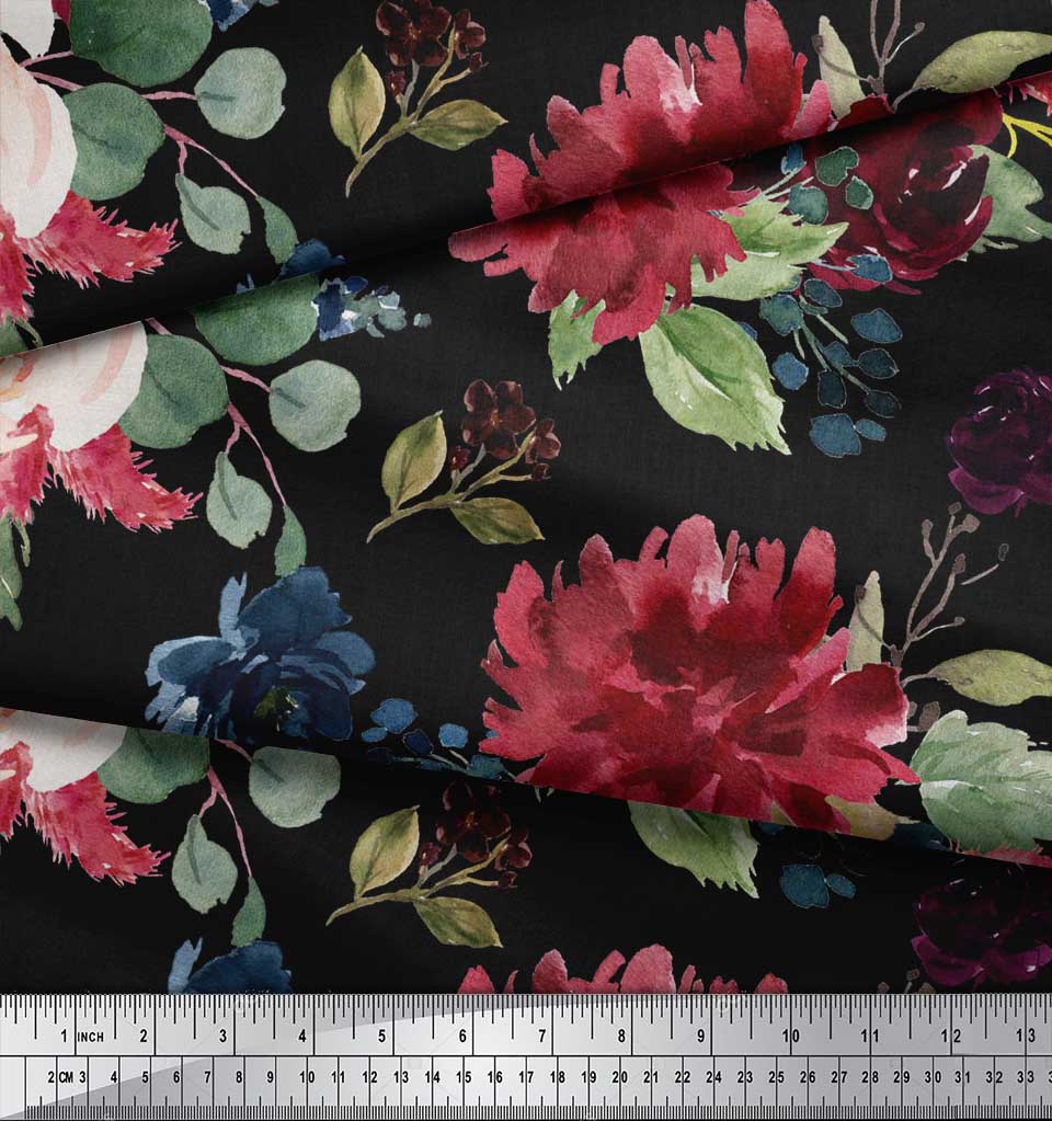 Soimoi Black Velvet Fabric Leaves & Peony Floral Print Fabric by