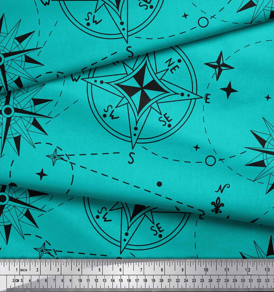 Soimoi Green Cotton Poplin Fabric Direction Compass Nautical Printed