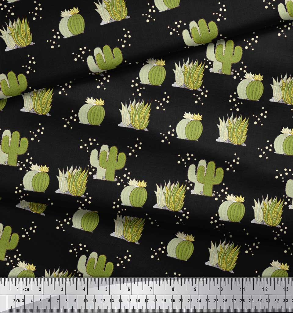 Soimoi Black Cotton Poplin Fabric Sea Plant & Cactus Tree ...
