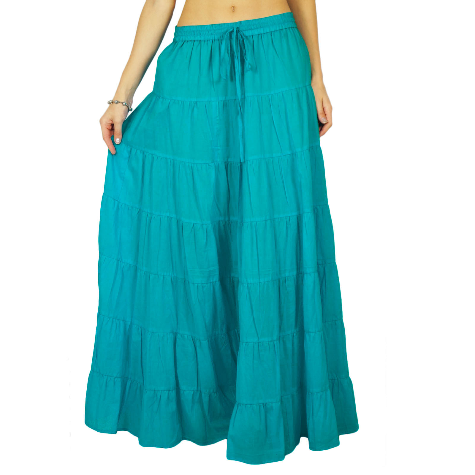 Phagun Womens Long Skirt Bohemian Gypsy Tiered Cotton Maxi Skirt Beach Wear 