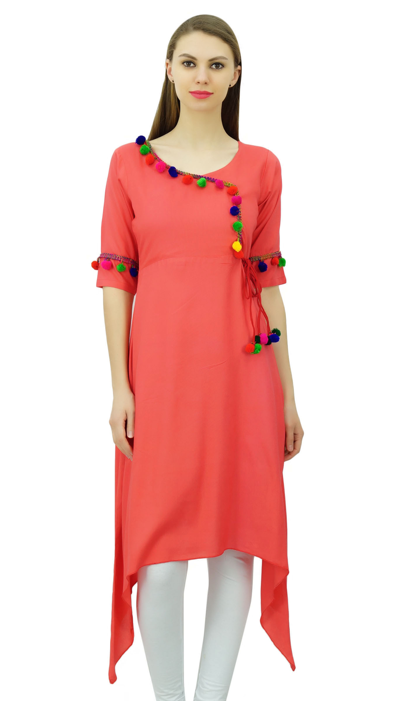 Angrakha Style Rayon Womens Tunic Pom-Pom eBay