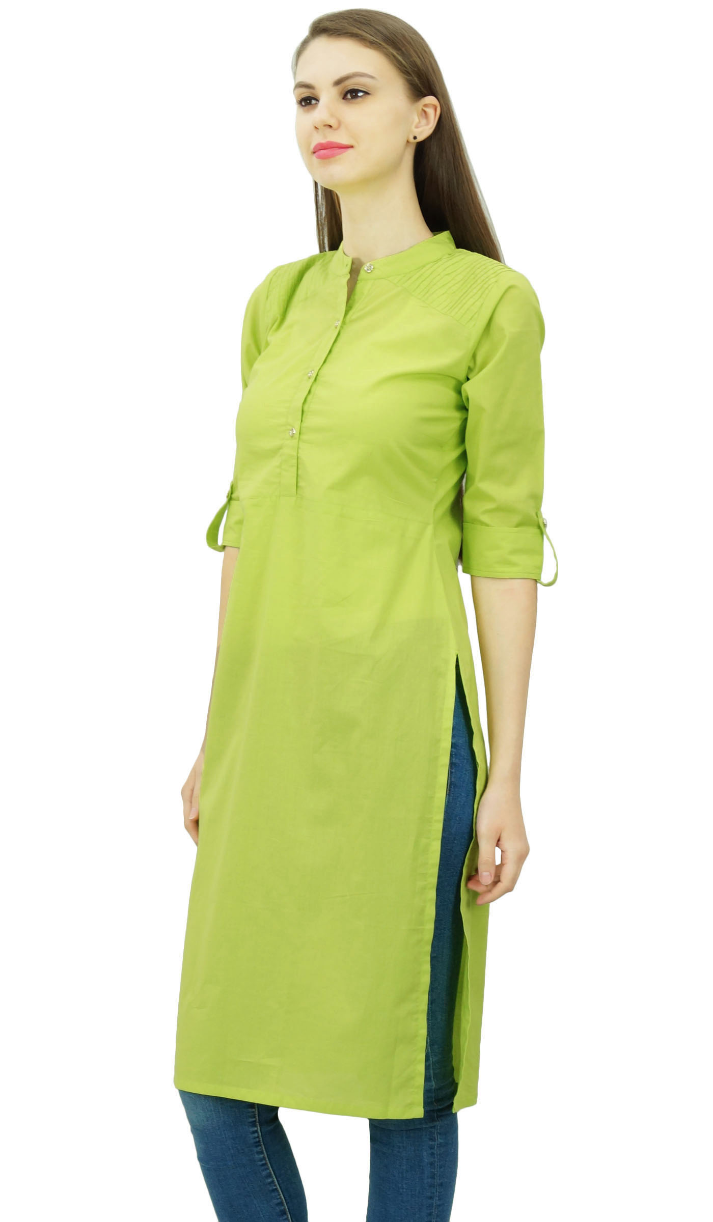 Phagun Cotton Plain Kurti Tunic Mandarin Collar Ethnic Casual Kurta Blouse 