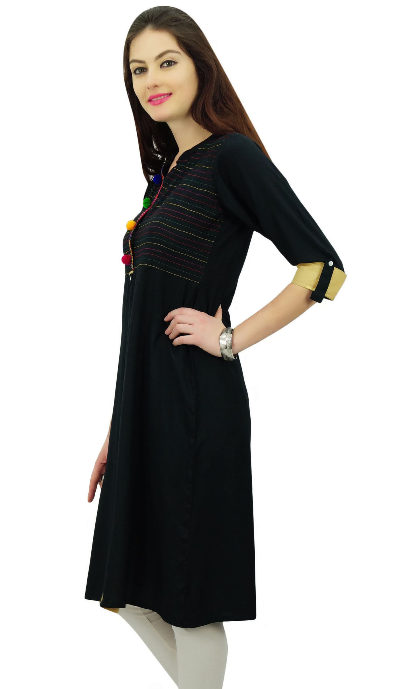Phagun Womens Ethnic Rayon Black Kurti Tunic Designer Pom-Pom Kurta-PCKL563A 