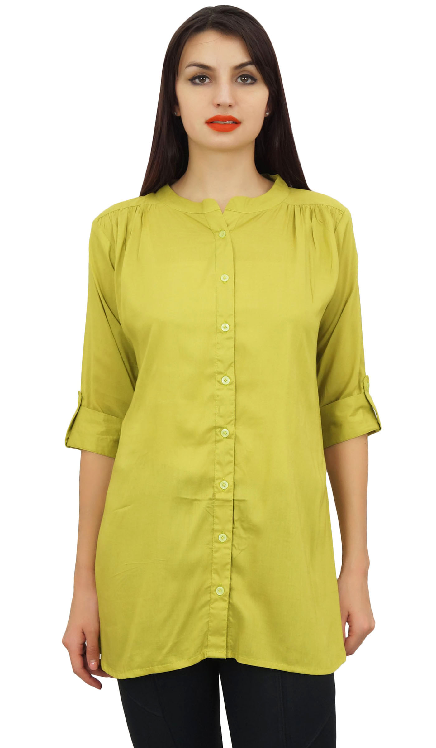 Phagun Women's Summer Yellow Cotton Modal Tunic Shirt Top With Front ...