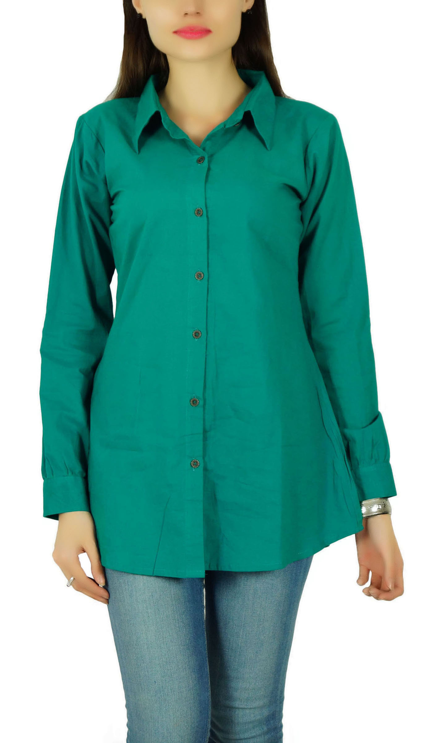 Button Down Cotton Shirt Long Sleeve Teal Top Casual Blouse Women-LUR ...