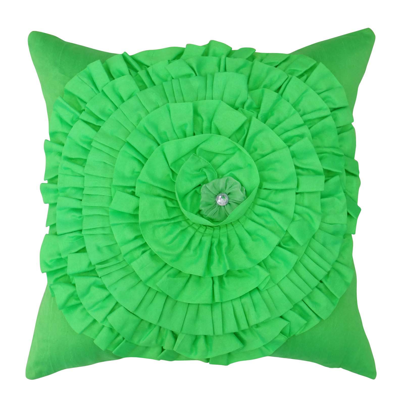 S4Sassy Handcrafted Decorative Green Ruffled Cushion Cover Floral4WD